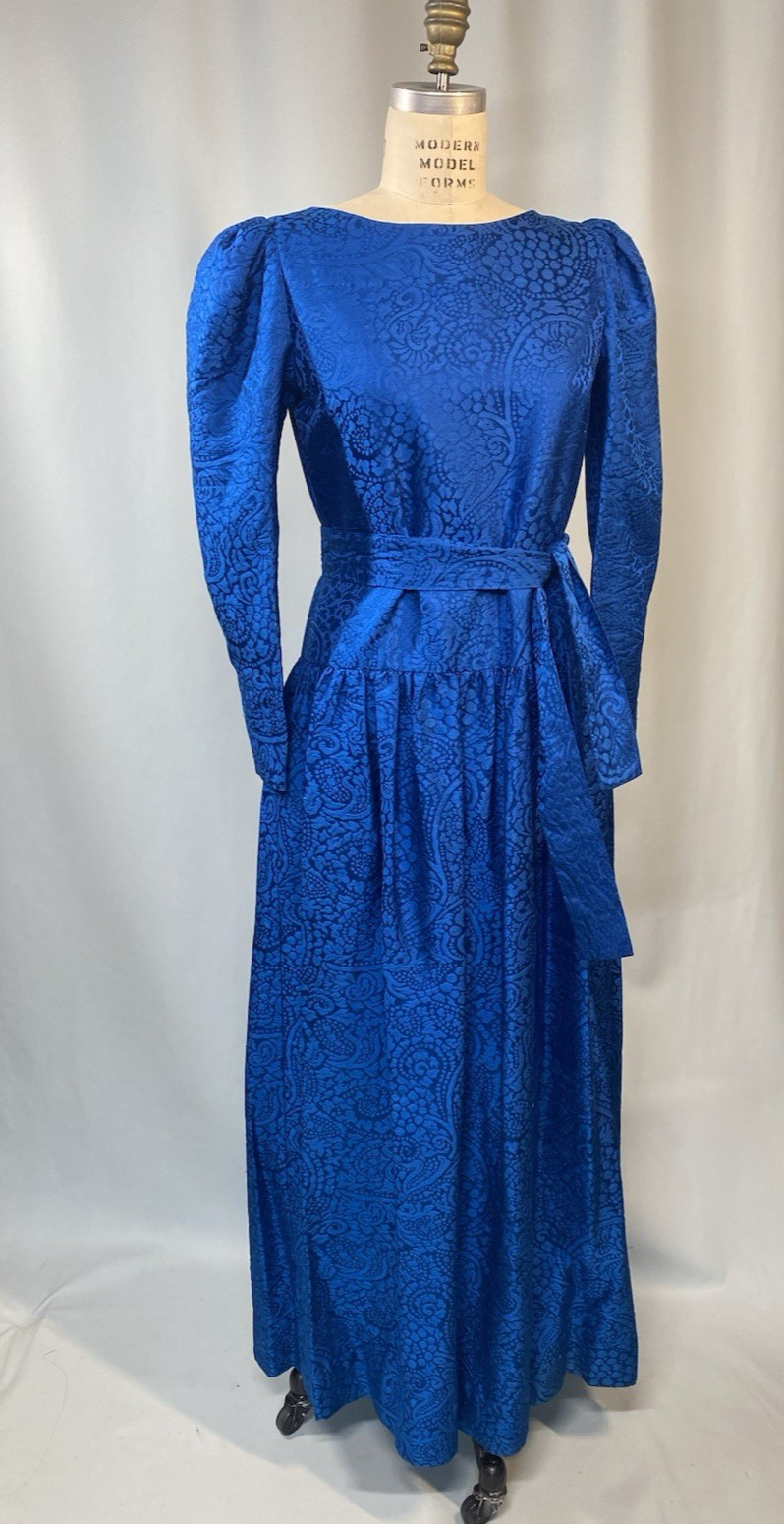 Vintage Dress SIZE LARGE blue Thai silk jacquard long sleeve 80s 90s handmade