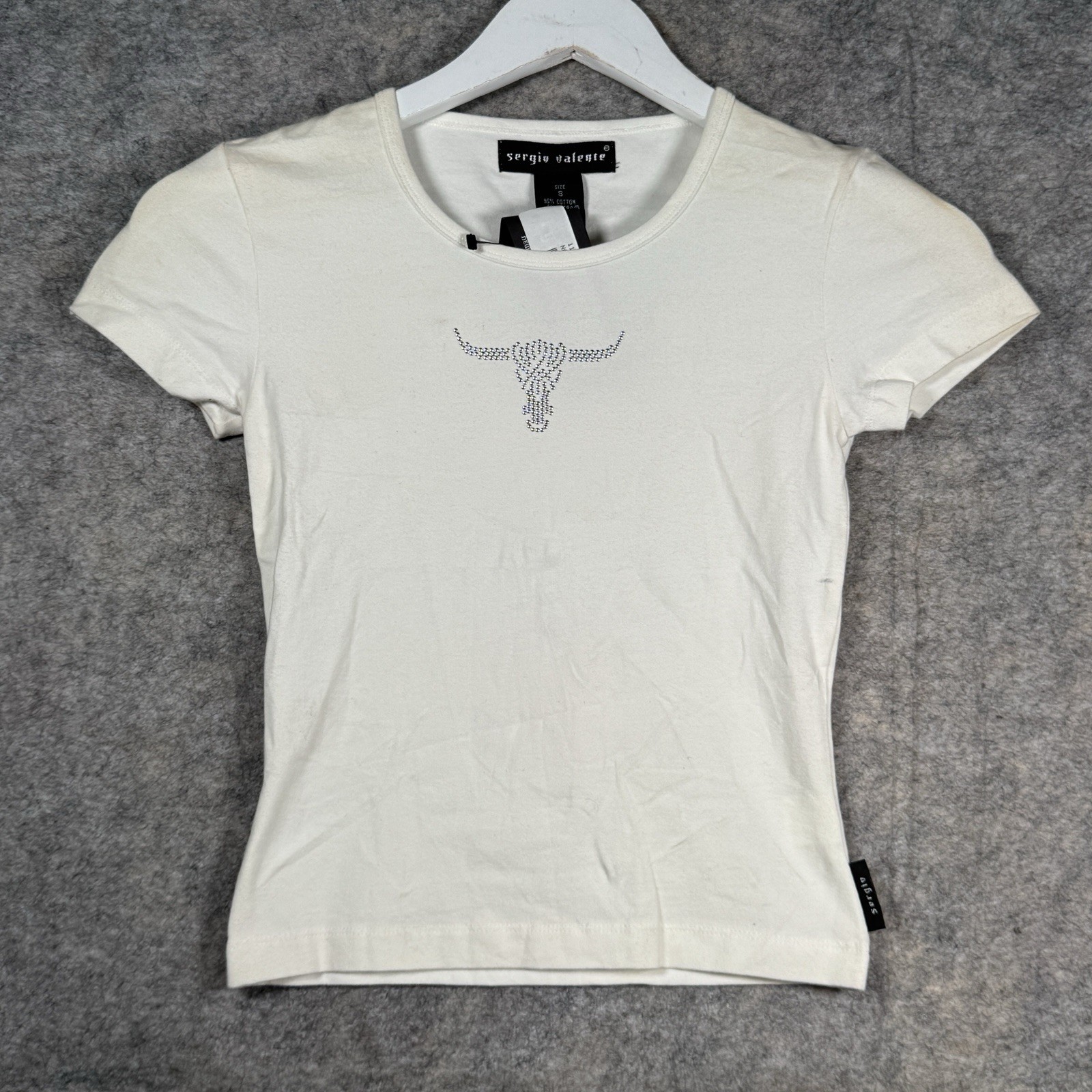 Vintage Womens Y2K NWT Sergio Valente White Short Sleeve Bedazzled Top Sz S