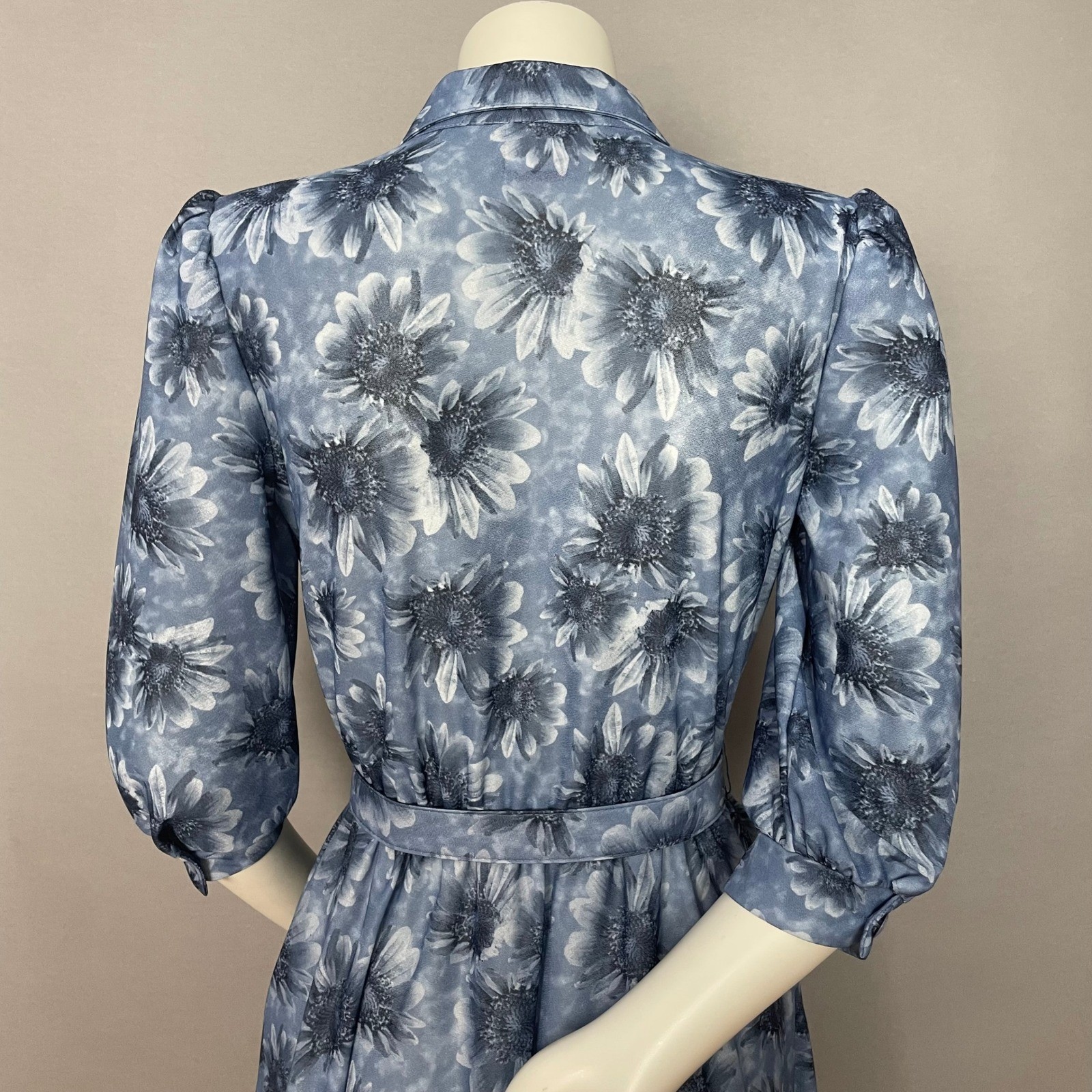 Vintage 80s Floral Dress Women Blue Belted Retro A-Line Belted Collared Eclectic