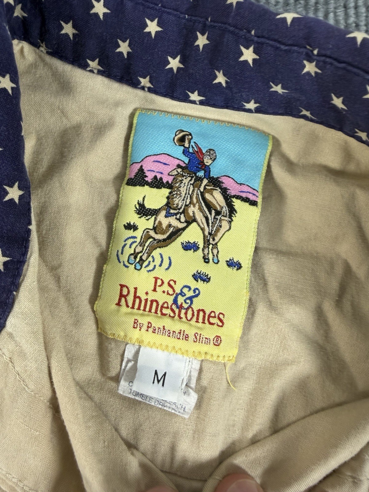 Vintage P.S. & Rhinestones Panhandle Slim Western Shirt Stars Print Size Medium