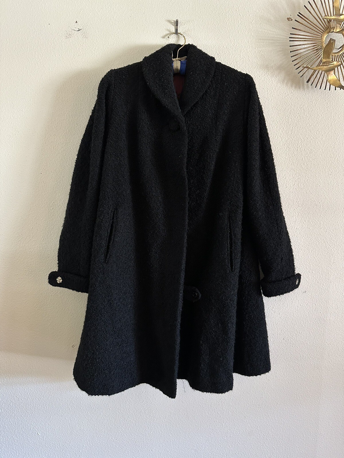 1940s Boucle Wool Swing Coat Holiday Shawl Collar Jacket Rhinestone Cuff 50s VTG