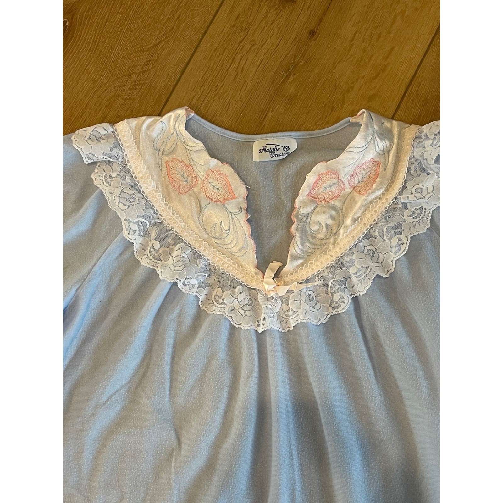 Vintage Natalie Creations Blue Nightgown Lace Trim Floral Embroidery Long Sleeve