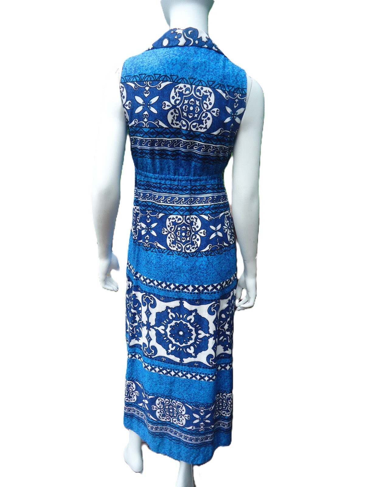 Penneys Hawaii VTG Small Barkcloth Maxi Dress Blue Tropical Sleeveless Collared