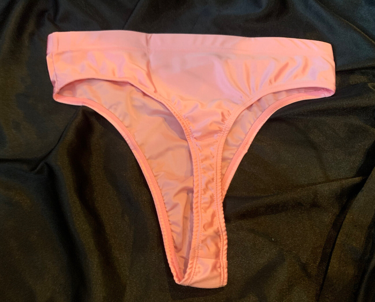 Shiny Wet Look Light Pink Satin Spandex Hi Cut Leg & Waist Thong Panties Sz Med
