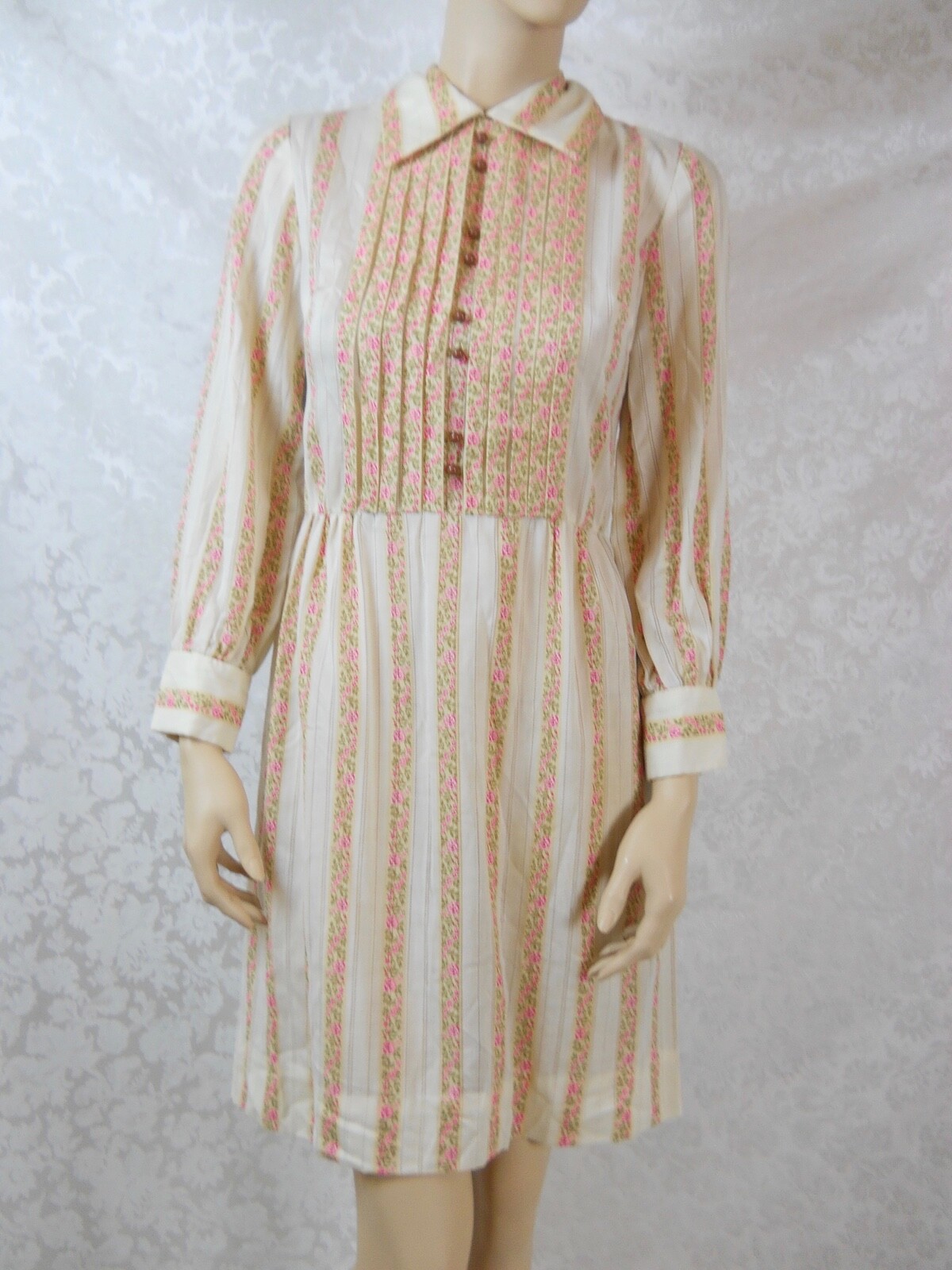 Stacy Ames Prairie Dress Cream Yellow Stripes Pink Flower Metal Zipper S Cottage
