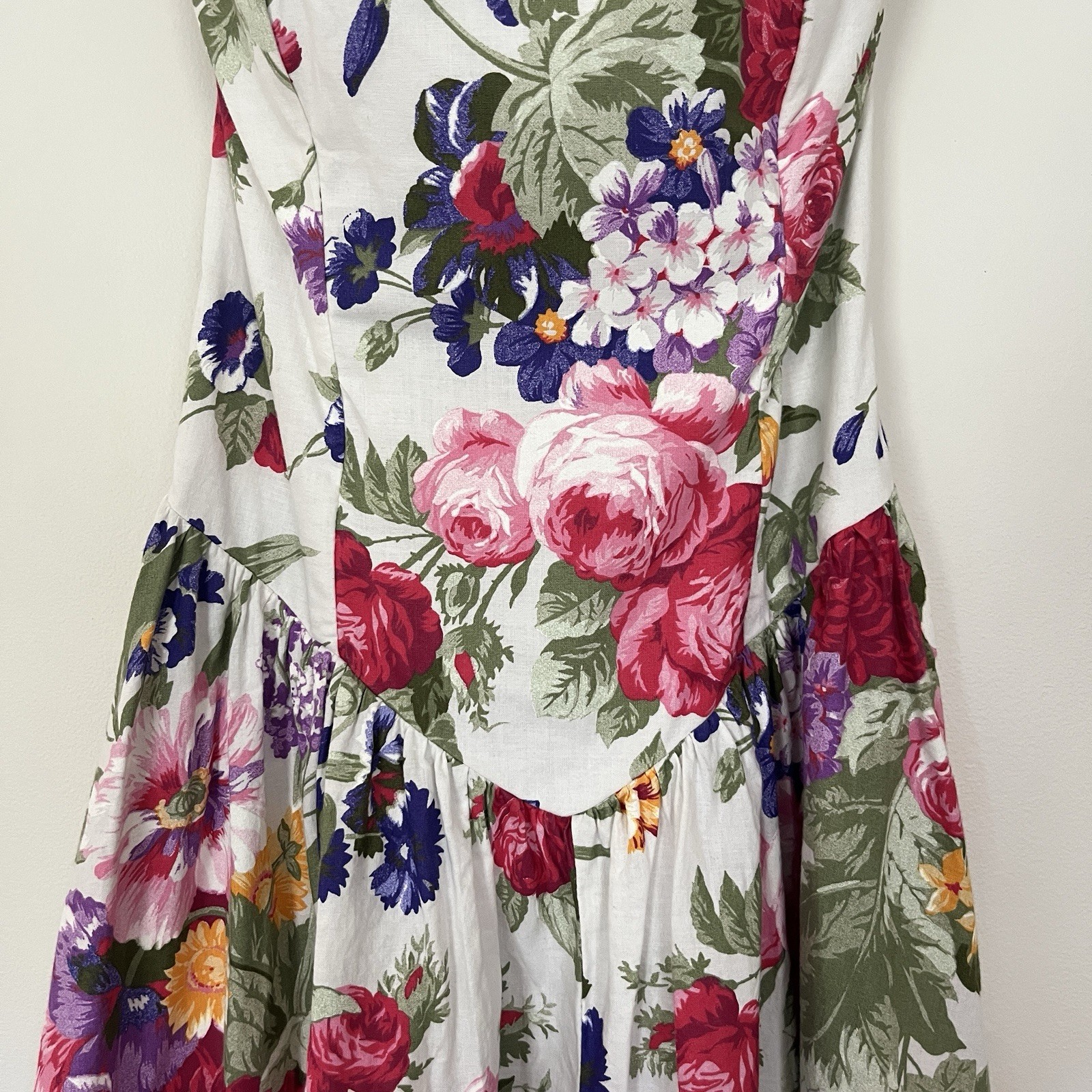 Vintage 80s Strapless Basque Waist Floral Midi Dress with Pink & Purple Blooms