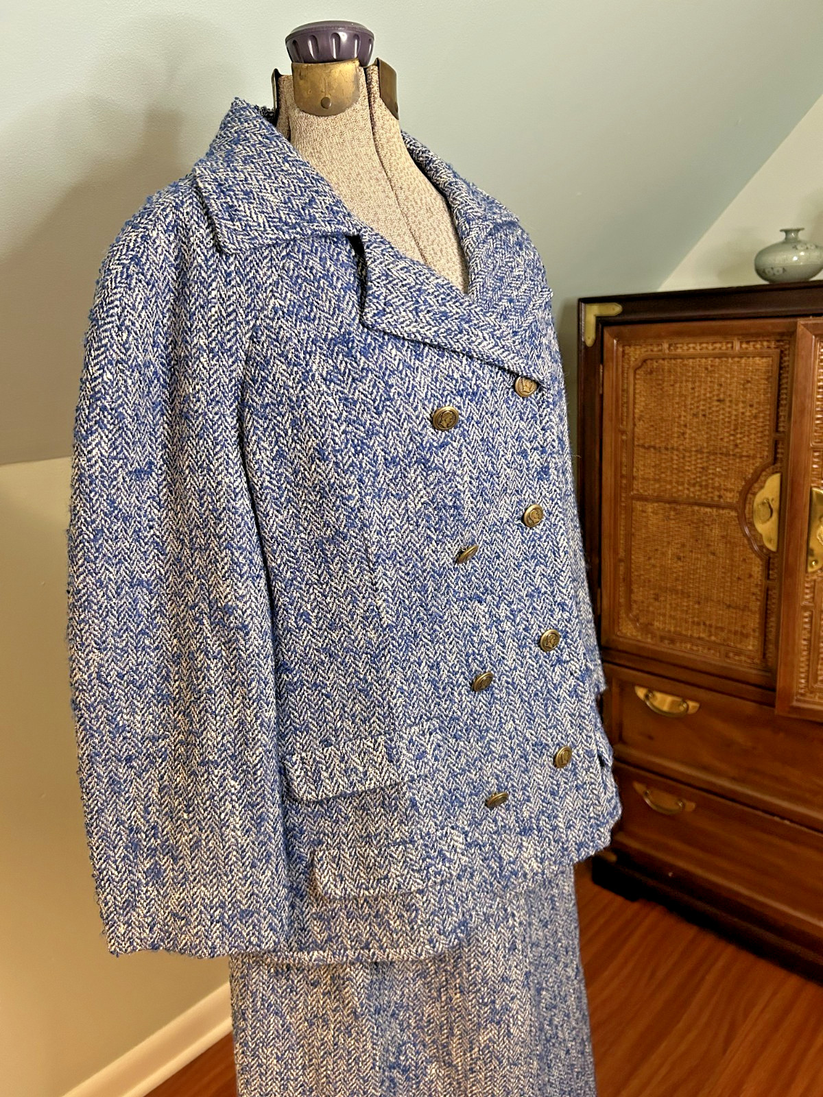 1950s Handmacher Bright Blue Herringbone Tweed Suit Pea Coat + Skirt L Academia