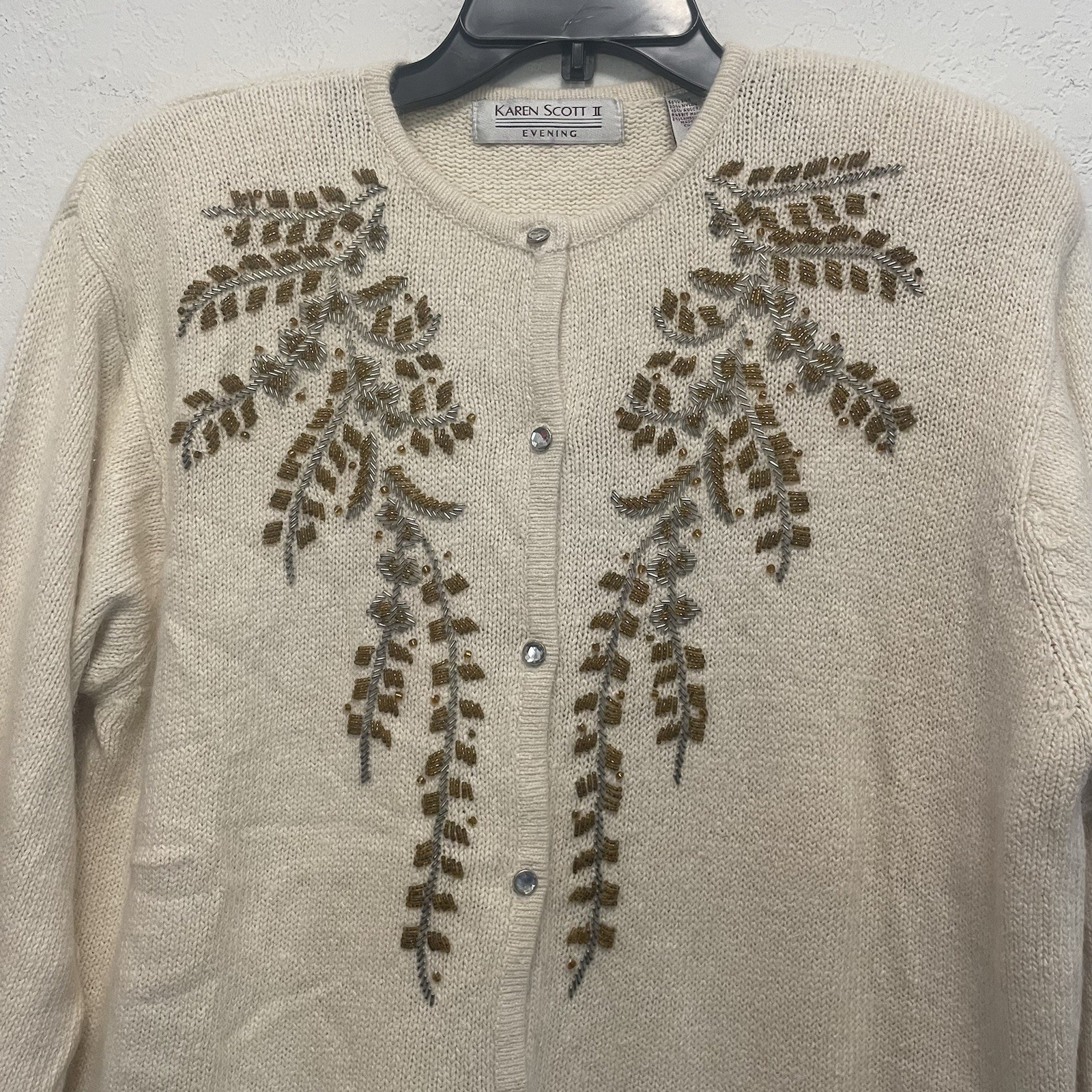 vintage Karen Scott Evening cream cardigan gold beaded Size 1X Silk Blend