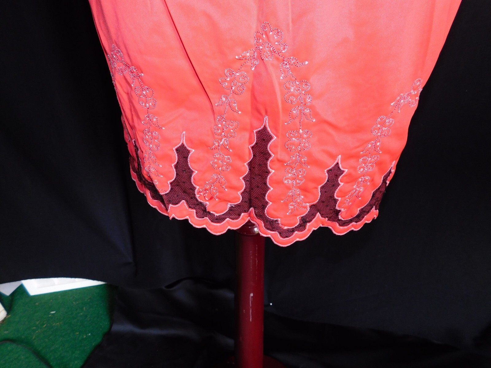 Red vintage Greenco Maid half slip, nylon, Small, Black lace insert