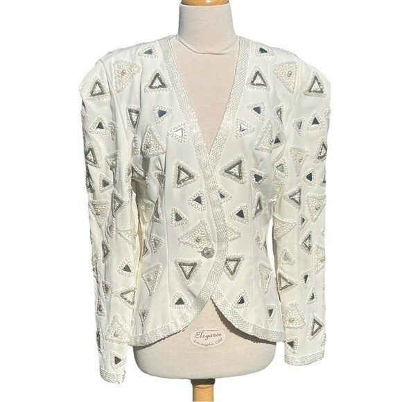 VTG Beaded Evening Jacket Heavily Embellished Winter White Pearl Triangle Sz 10