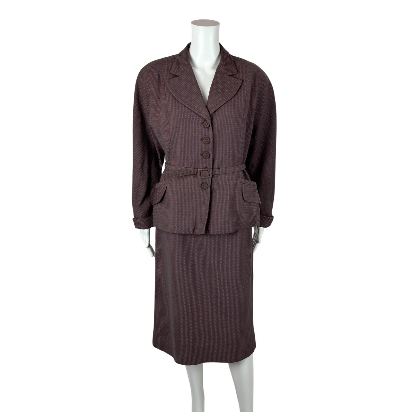 Vintage 40s Pink Suit Women’s Small Gray Checkered Fitted Jacket Skirt Set