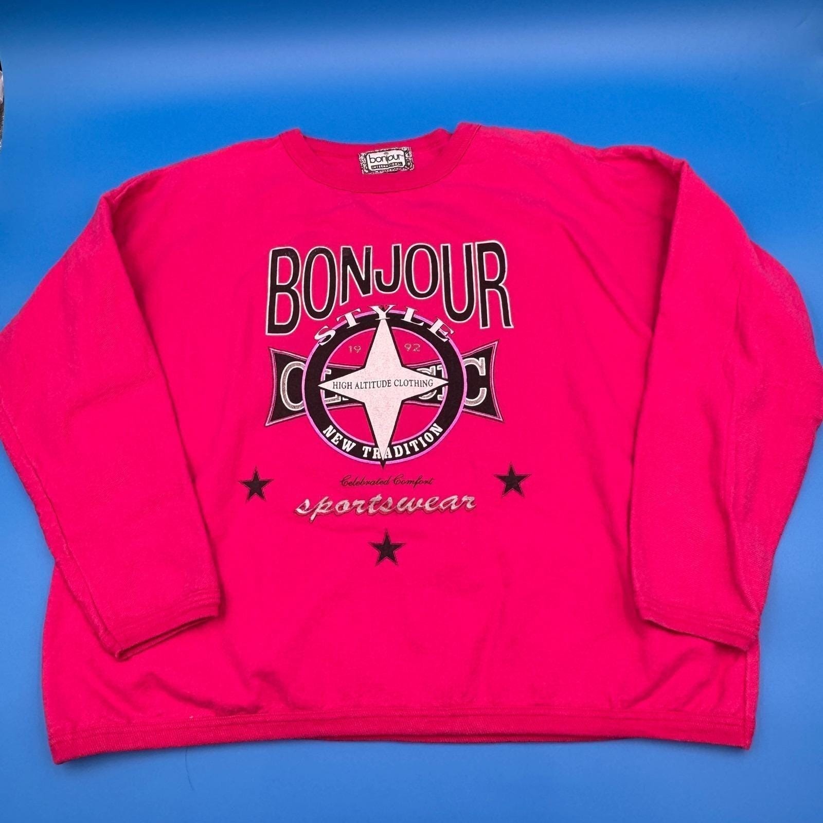 Vintage 90s Bonjour International Sweatshirt Crewneck Graphic One Size Y2K OS