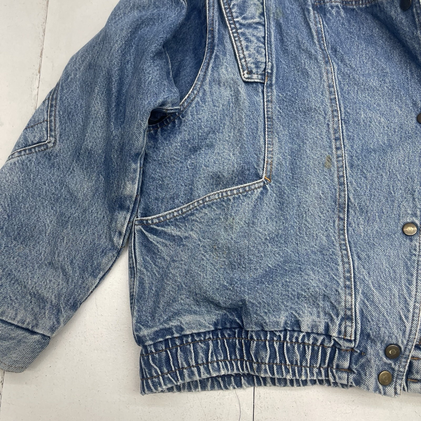 Vintage Le Arsi Blue Denim Bomber Trucker Jacket Women’s Size Large 13/15
