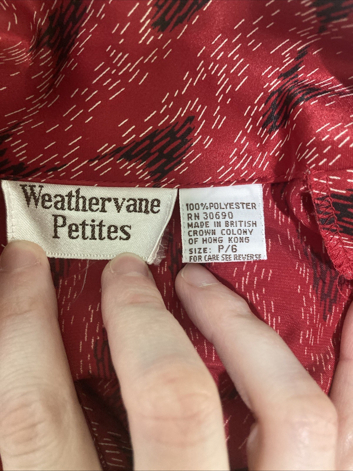 VTG 70s Weathervane Secretary Blouse Asymmetric Button Red Ikat Chevron Tie Neck