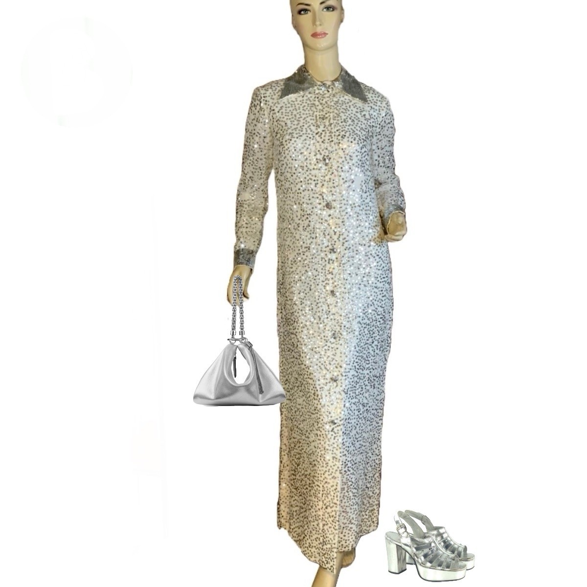 VINTAGE 1960’S CREAM & SILVER SEQUIN LONG SLEEVE PARTY DRESS SIZE SMALL