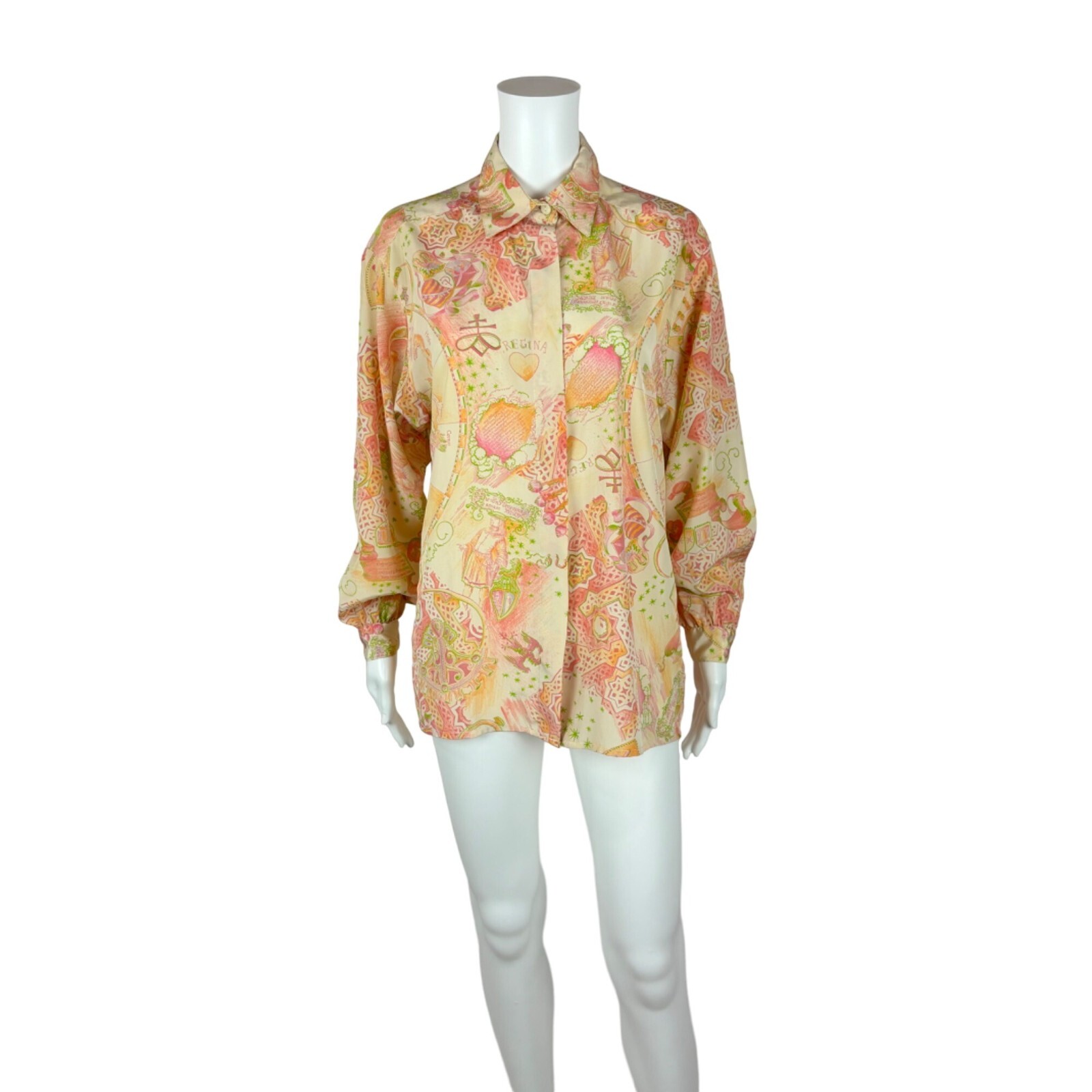 Vintage 70s Novelty Print Top Women’s Large Zodiac Orange Pink Button Down Blous
