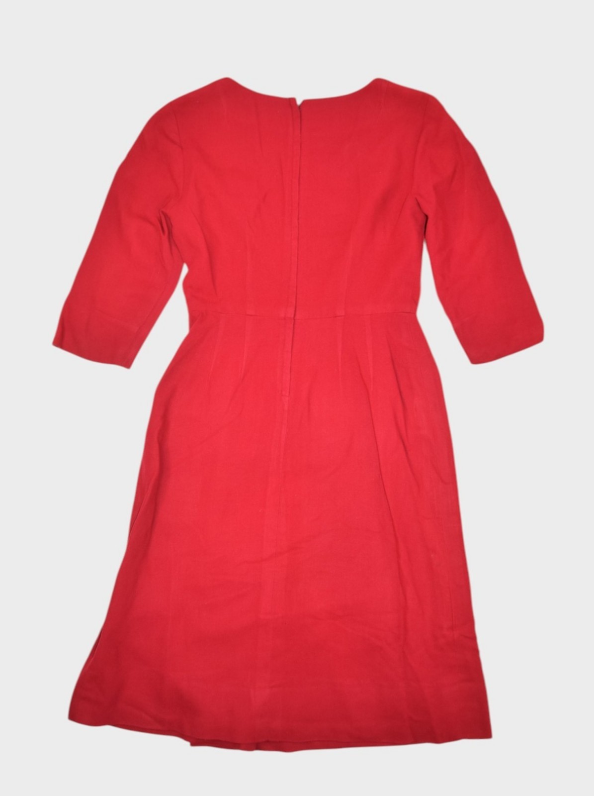 Vintage 60s Dress Womens Small Red Wool House Day Belted Midi 1/2 Sleeve