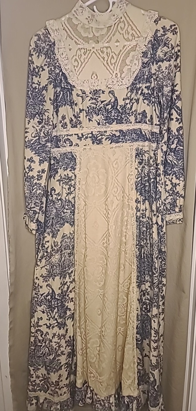 Gunne Sax Jessica Mcclintock Toile De Jouy Prarie Dress Vtg 70s Sz 9 Blue Cream