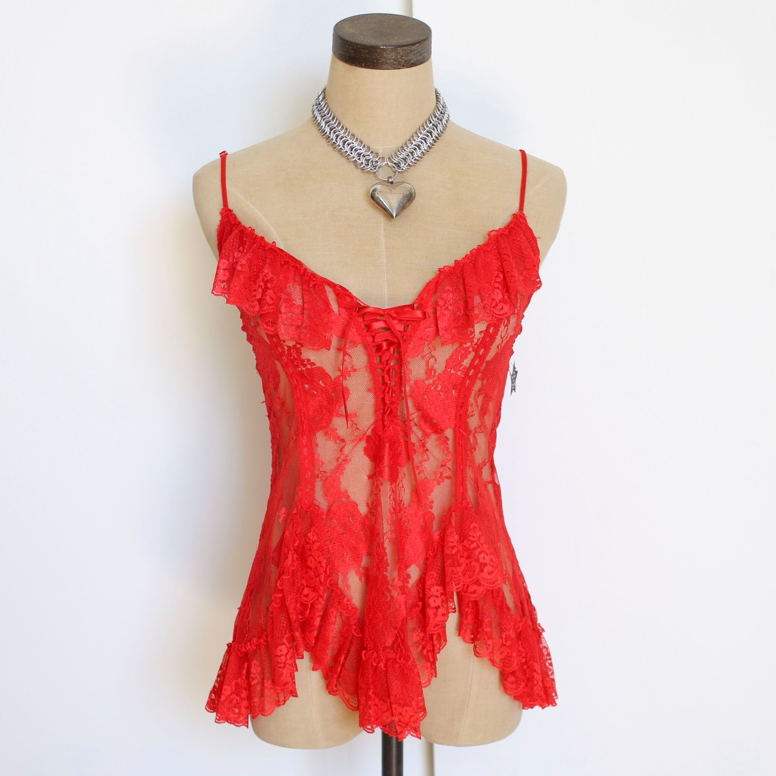 vintage y2k 90s 80s red lace ruffle cami tank top shirt goth rockstar gf small s