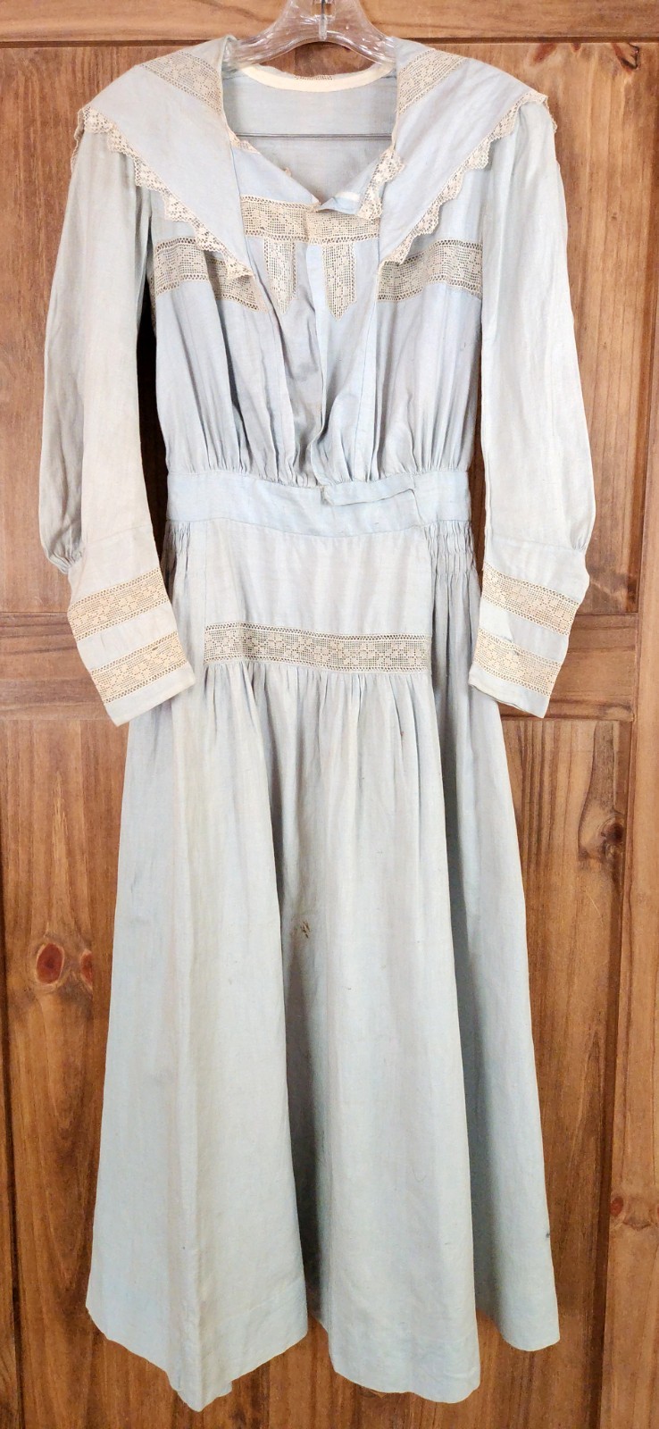 Antique Edwardian Light Blue Dress Crochet Lace Linen Womens Size S-M Pintuck