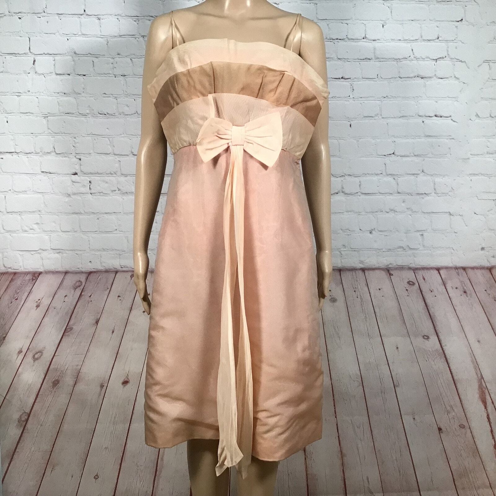 Vintage 60s Peach Blush Party Dress Ruffled Bodice Skinny Strap Front Bow M L