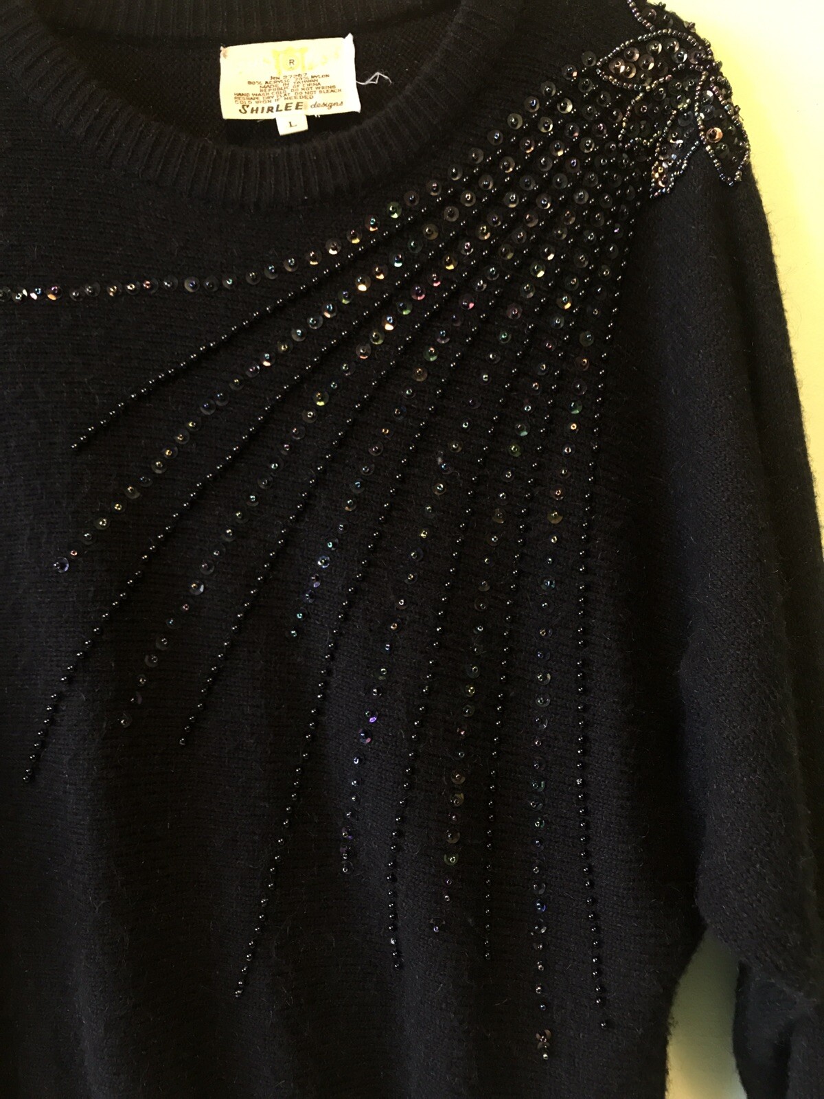 True Vintage 1980s Cyn Les Shirlee Designs Black Beaded Batwing Sweater Large