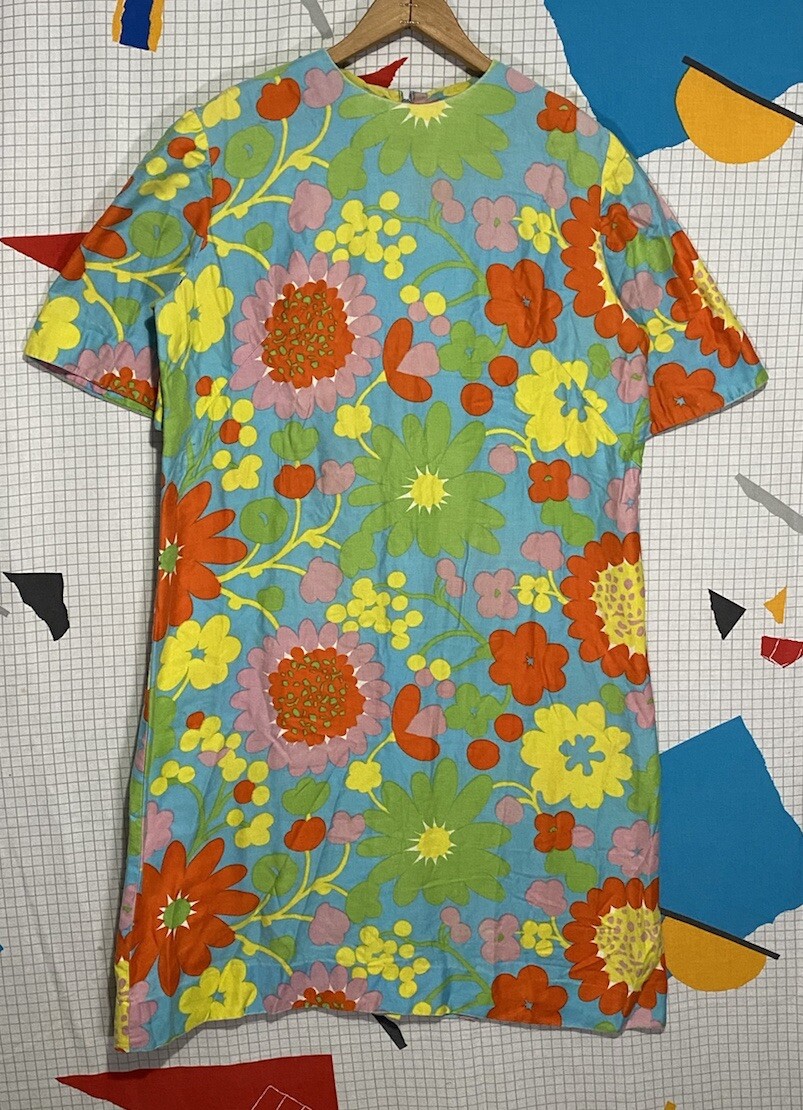Vintage 60s Floral Mod Dress Hippie Psychedelic Colorful Flower Mini Short 70s