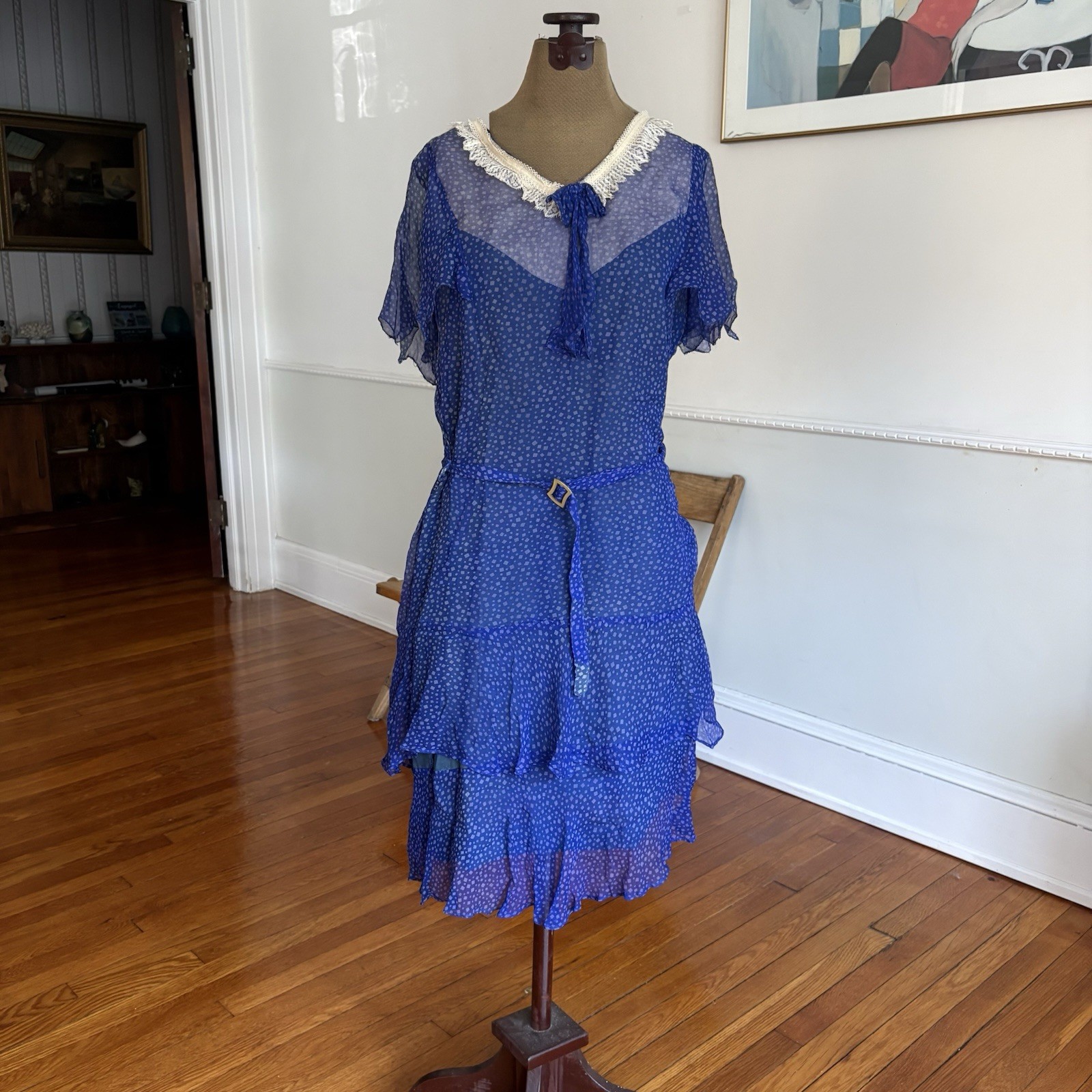 Vintage 1920s 30s Chiffon Blue Flapper Dress Sunfaded Ruffle Collar