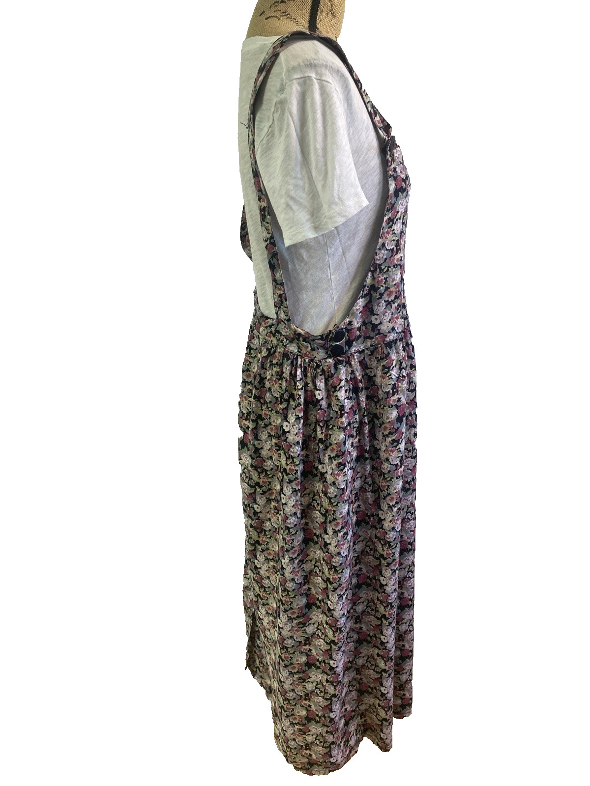 90’s Women’s Vintage Cottagecore Black Floral Pinafore Apron Maxi Dress M