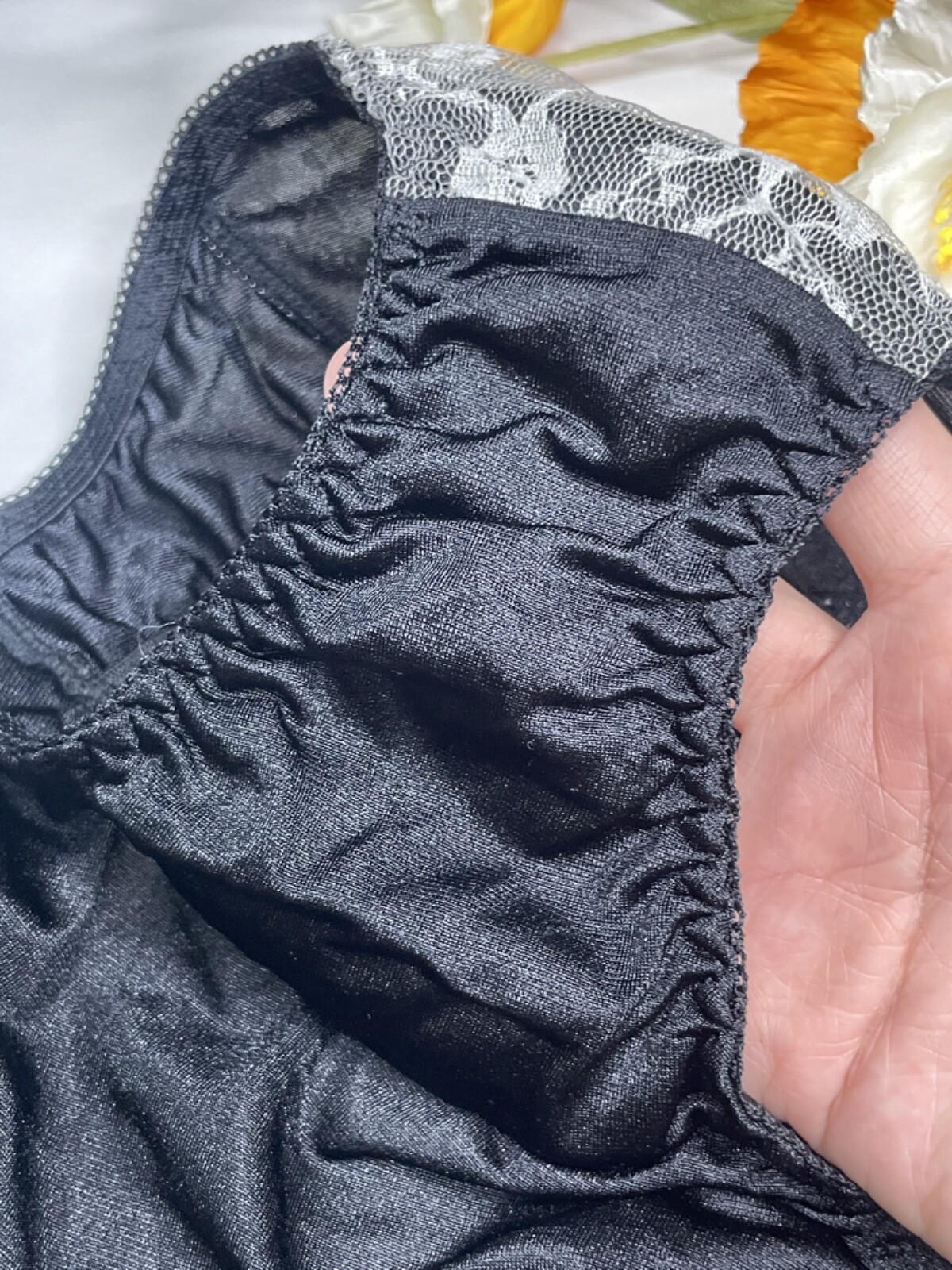 Vintage Sheer Black Nylon Panty Briefs Hip 38-41″ Sz.7/L White Lace Sissy Bikini