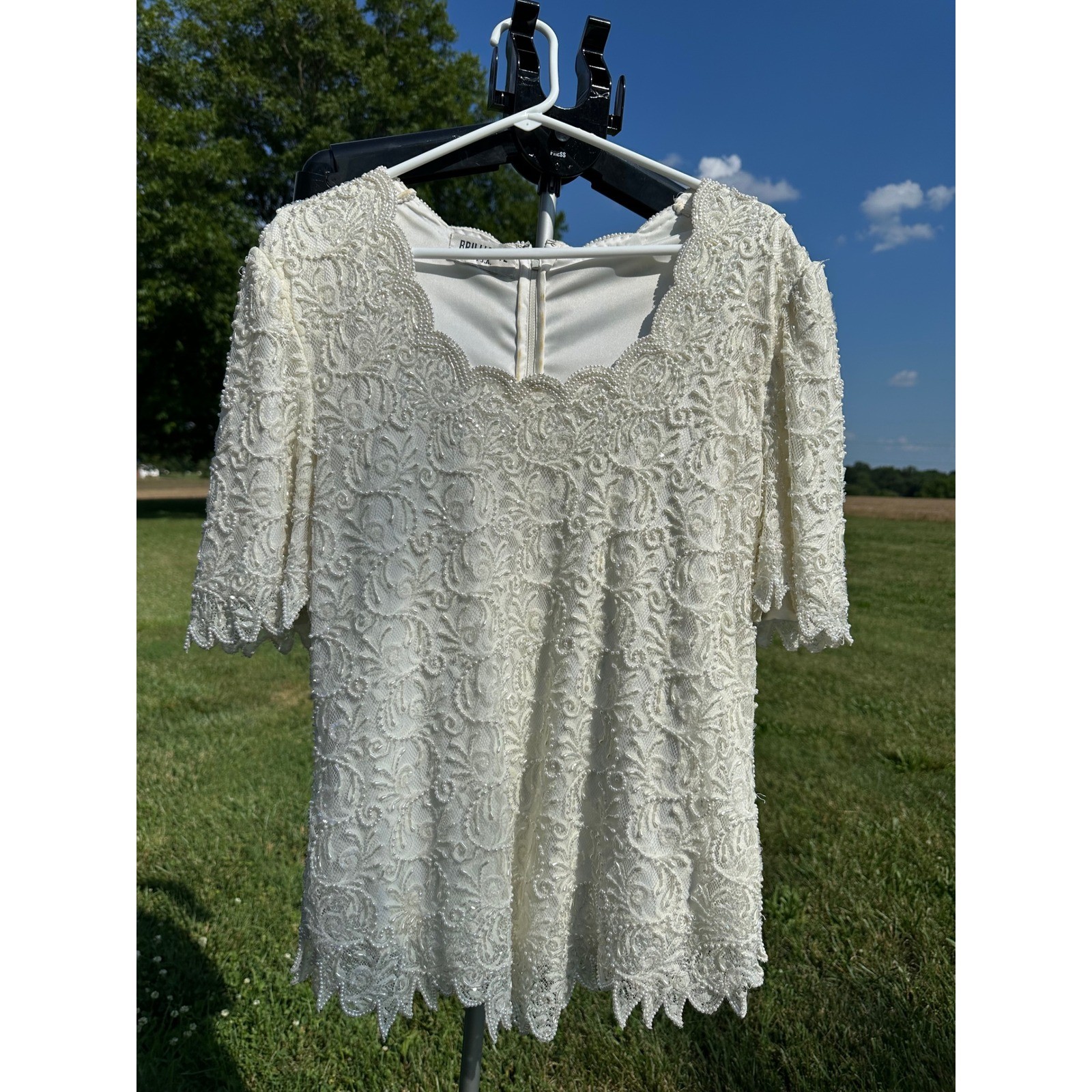 Brilliante by JA Vintage Beaded Sequin Lace Top Ivory Pearl Bridal Evening Sz L