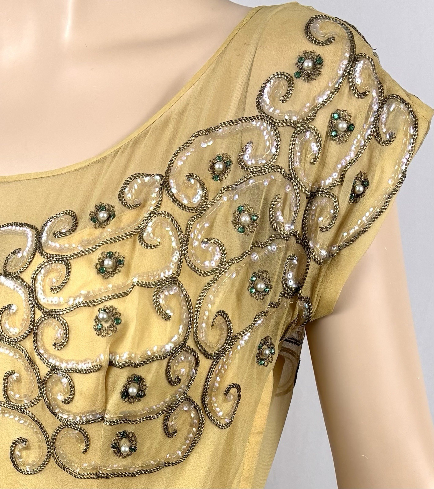 Vintage 40s Goldenrod Silk Chiffon Evening Gown Rhinestones, Sequins, Gold Cord