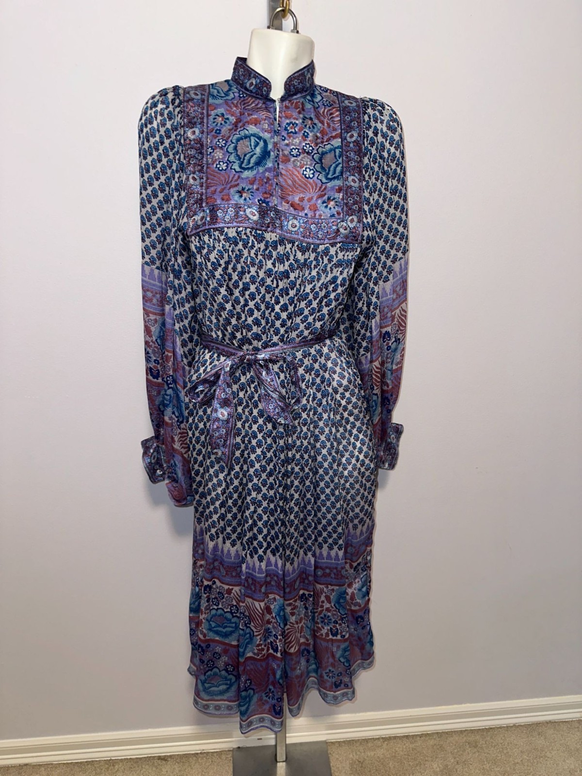 Vintage 70s Ritu Kumar Judith Ann Silk Block Blue Kaftan Dress XS Balloon Sleeve