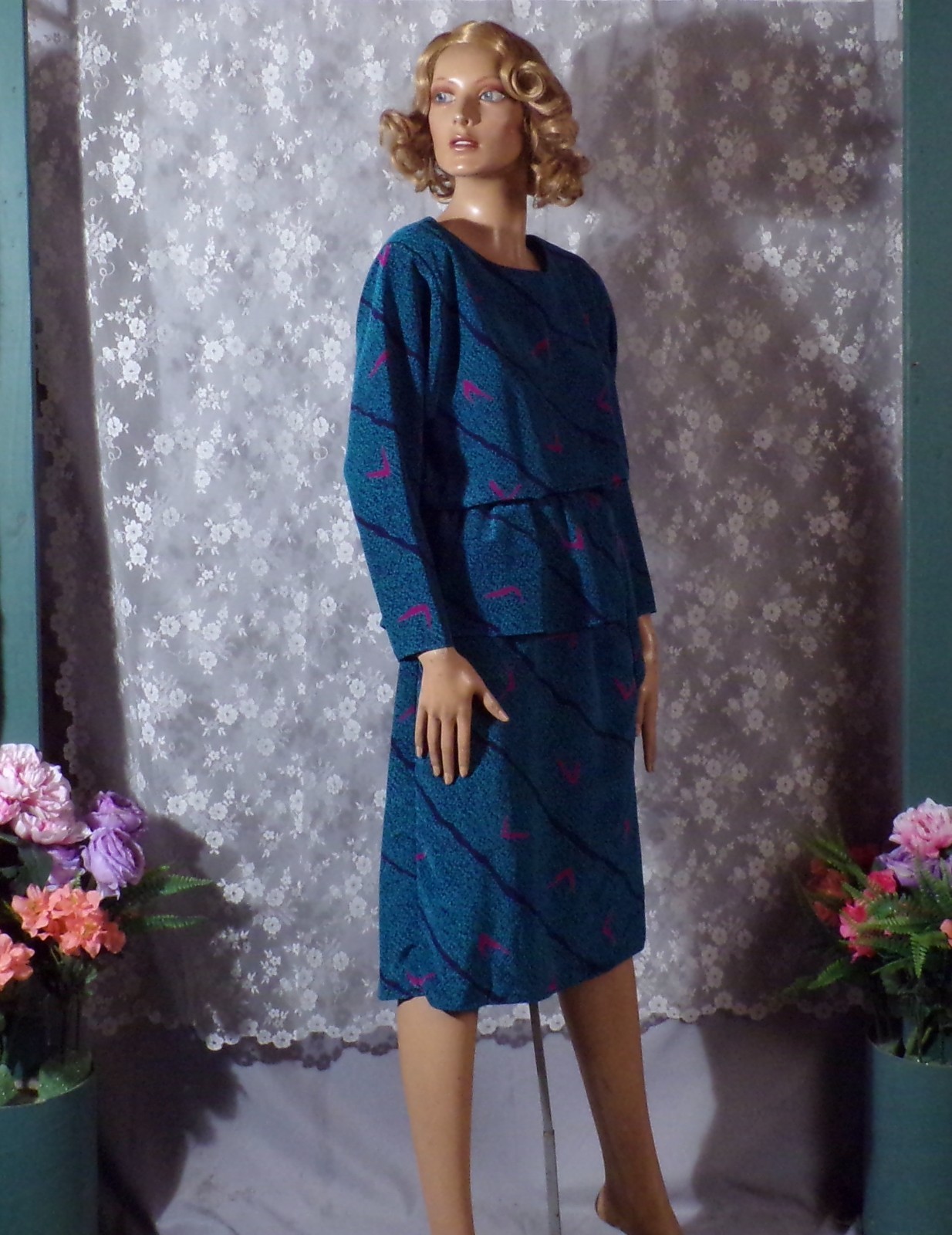 Vintage 80s Peplum Dress Size Medium 1980s Retro New Wave Secretary Turquoise
