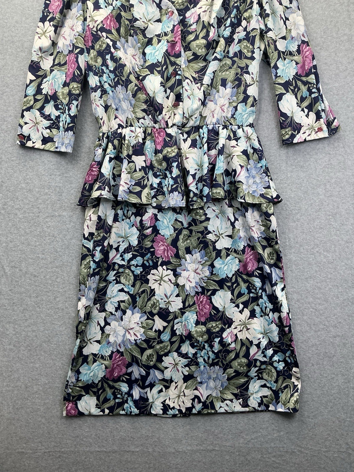 Vintage 80s Whirlaway Floral Peplum Dress Women’s 12P Petite 12 Colorful Midi