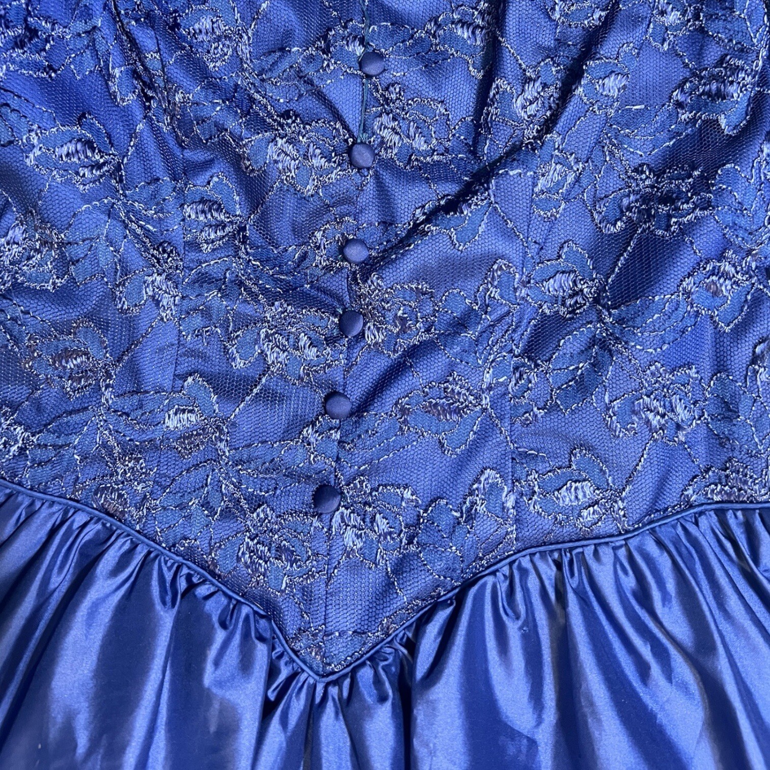 Vintage Blue Lace Long Dress Puff Sleeve Full Skirt Princess Fairy Ball Gown 70s