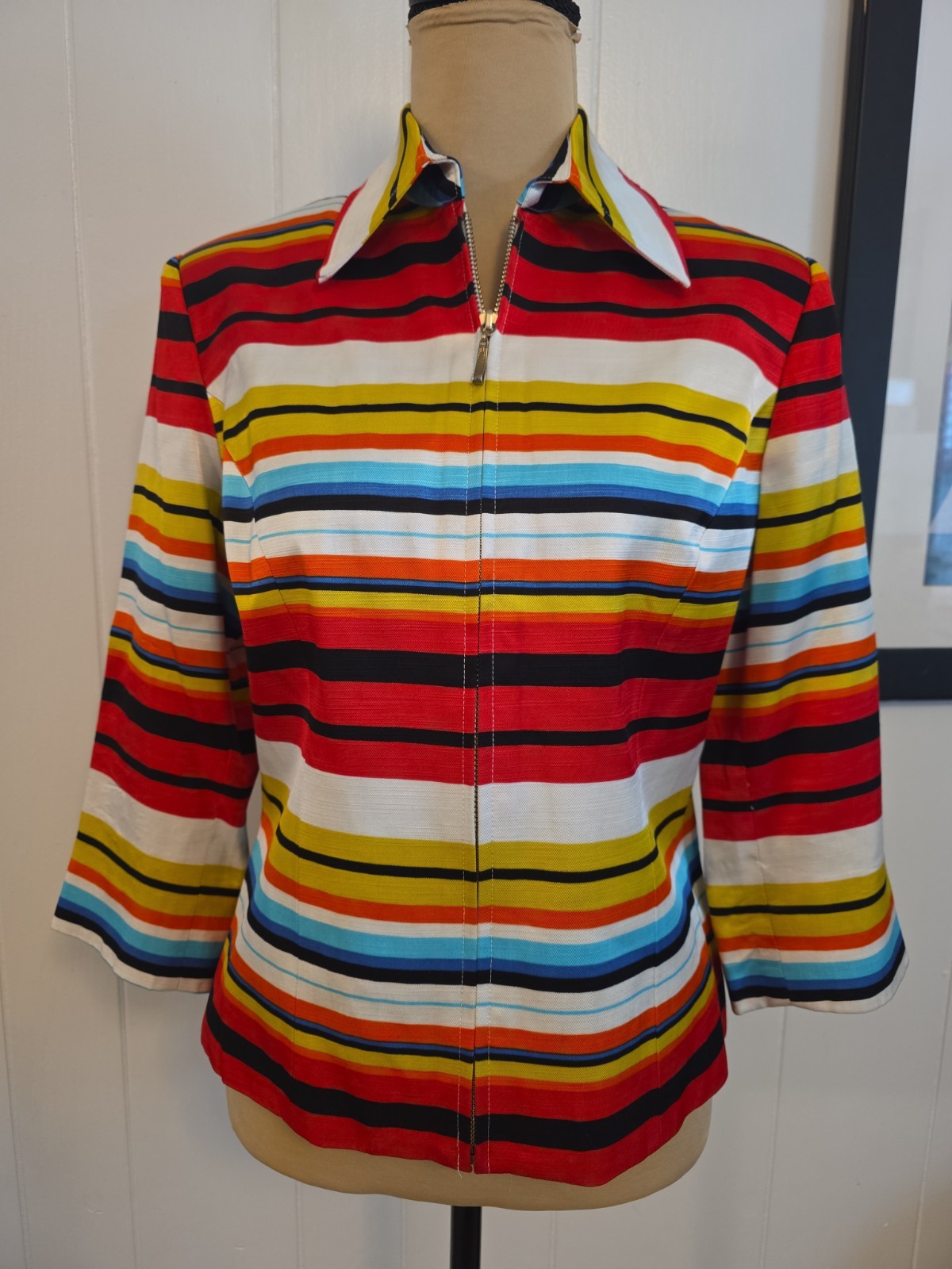 VTG Mishca Collared Multi Rainbow Stripe Full Zip 3/4 Sleeve Blazer Jacket Sz S
