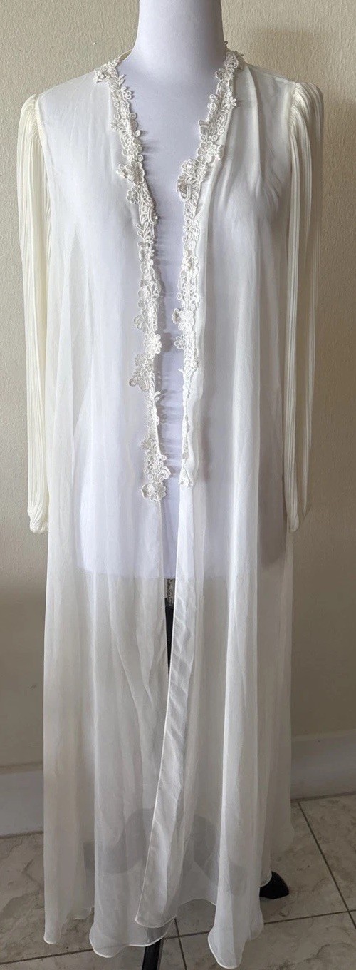 Kassatly Vtg NightGown sheer Cover-up delicate lace trim detailing Ivory~Size S