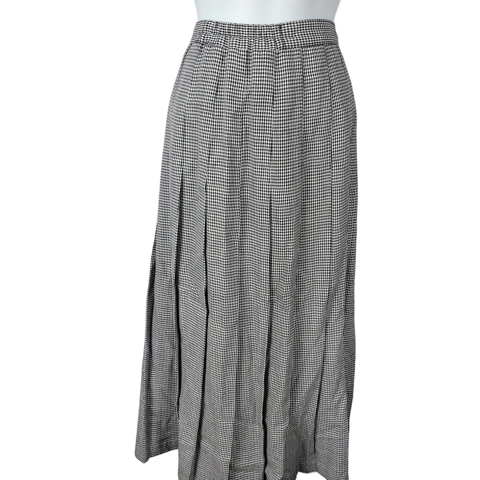 Vintage Black White Houndstooth Pleated Maxi Skirt High Waist Made USA 30 Waist