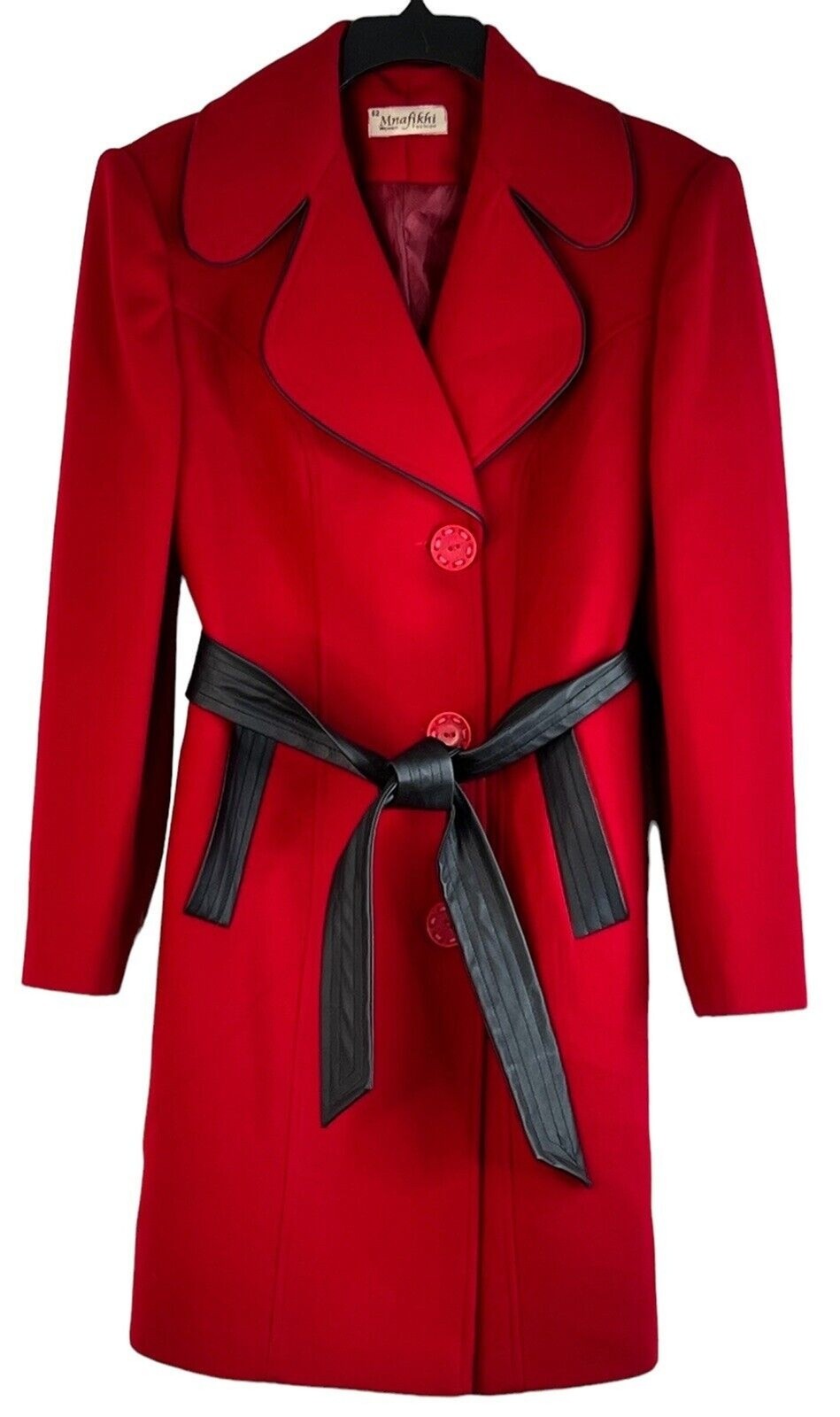 Vintage 1970s Mnafikh Red Wool Dress Coat Jacket Women’s Size S Check Measure