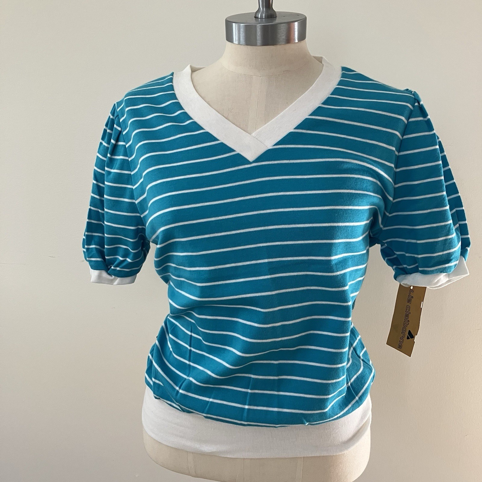 VTG 90s Women’s Striped V-neck Tennis Tshirt Sz. M Teal White Puff Sleeve NOS