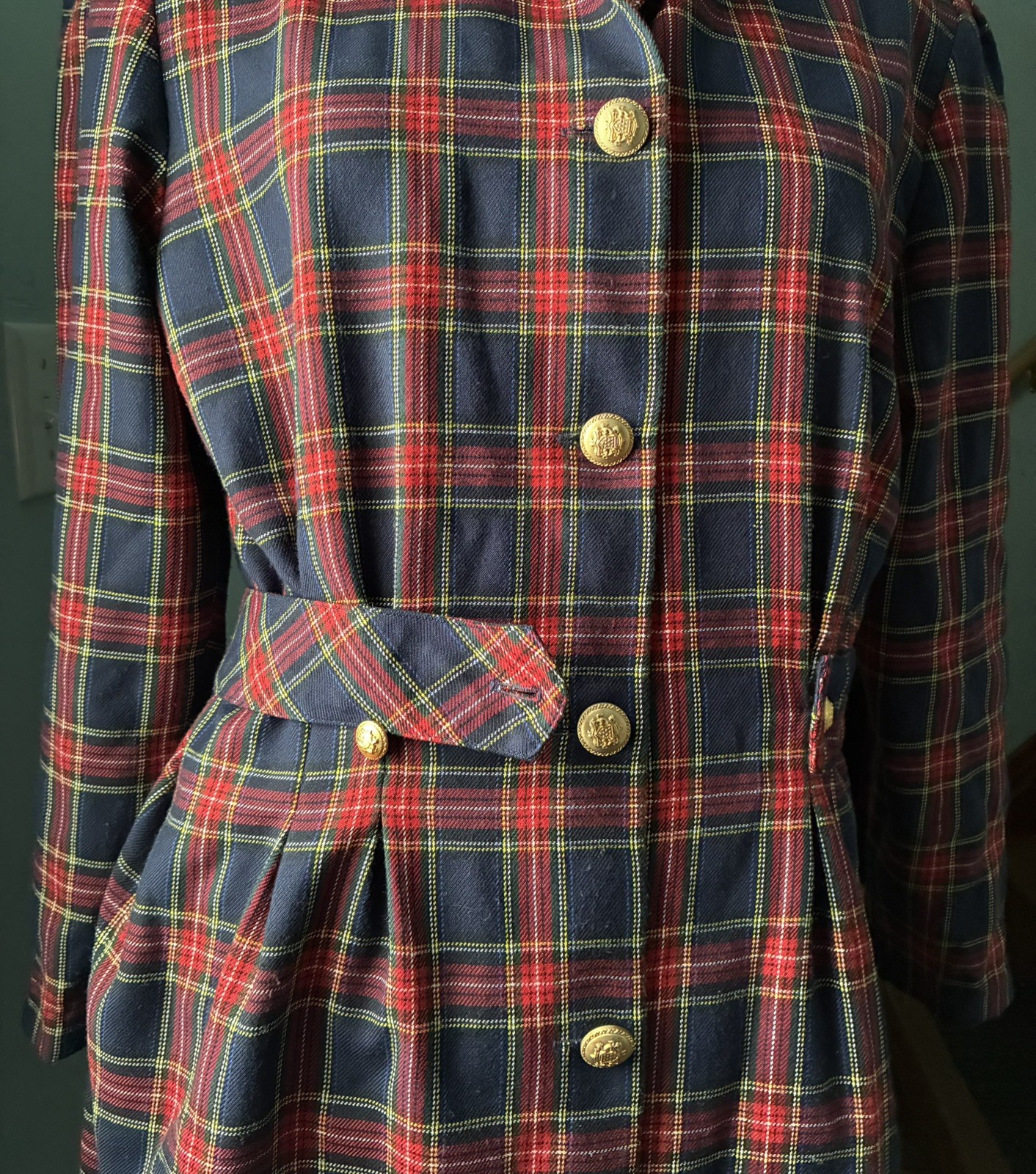 Vintage Laura Plaid 100% Cotton Dress Velvet Collar Gold Buttons USA 80s Sz 14
