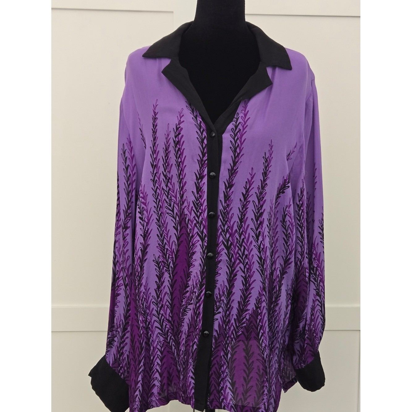 Vintage Bob Mackie Silk Purple and Black Printed Button-Up Blouse Size 1X