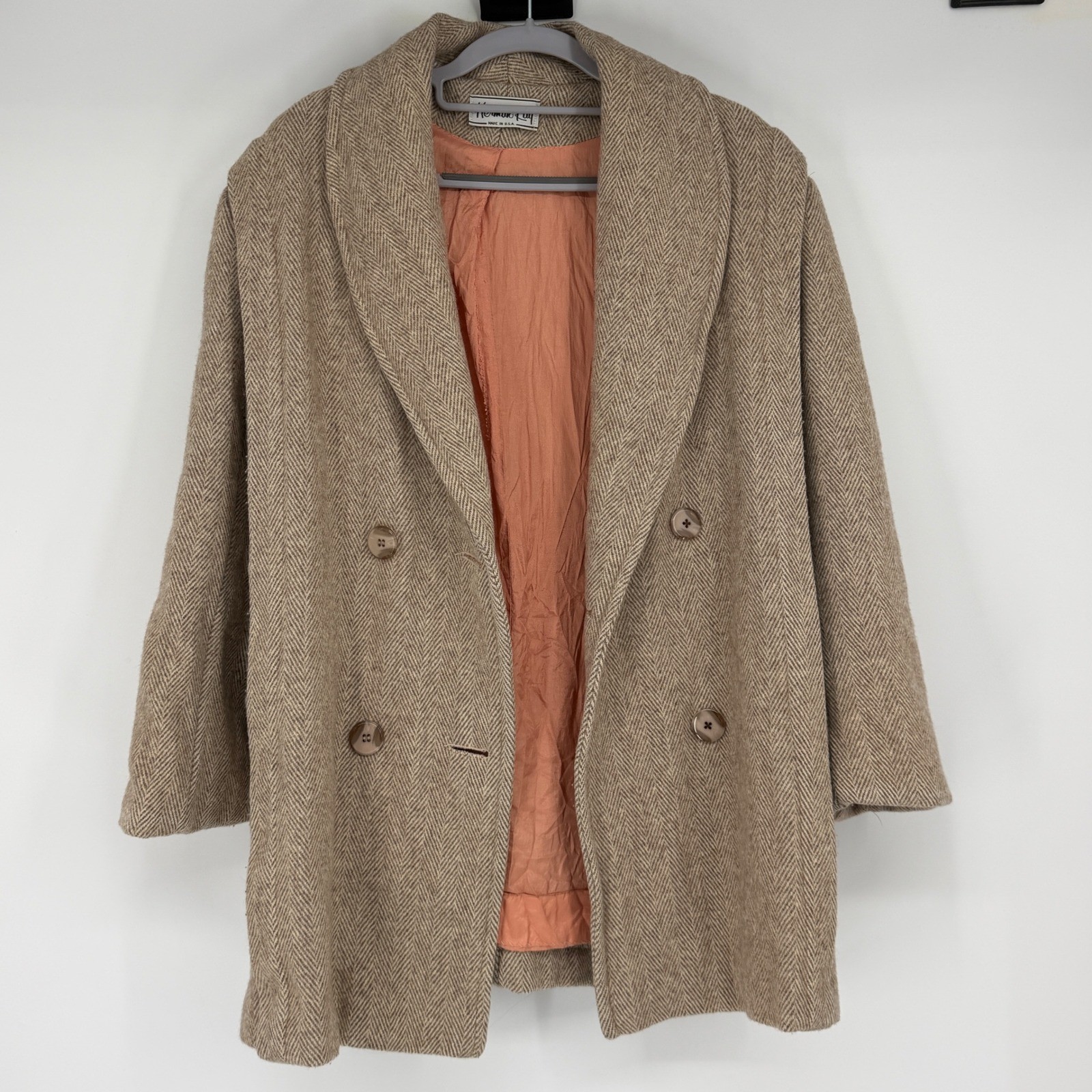 Herman Kay Vintage Herringbone Wool Blend Double Breasted Coat Brown Tan USA