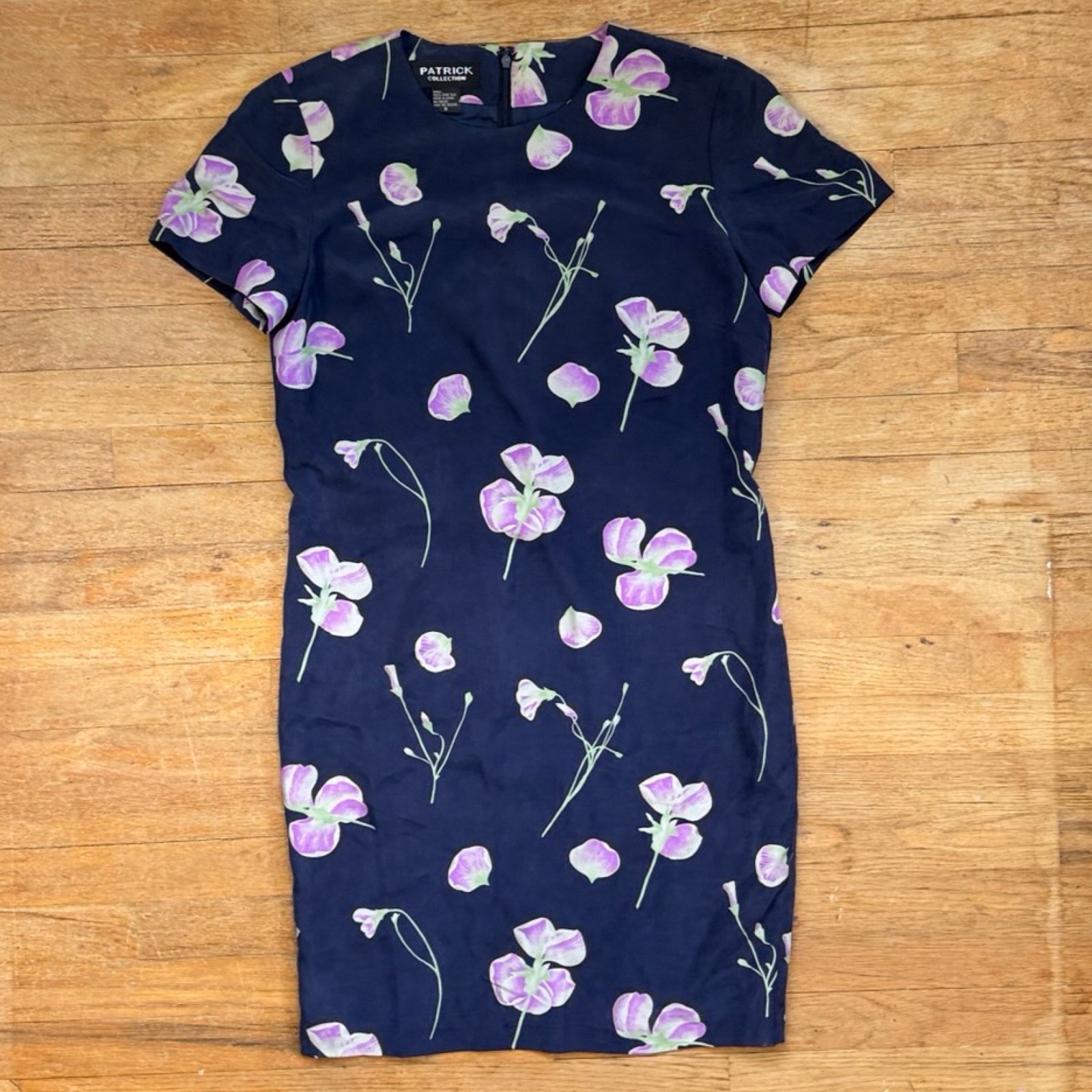 Vintage Iris Print Silk Dress Size Medium 90s Dark Blue/Purple Floral Garden