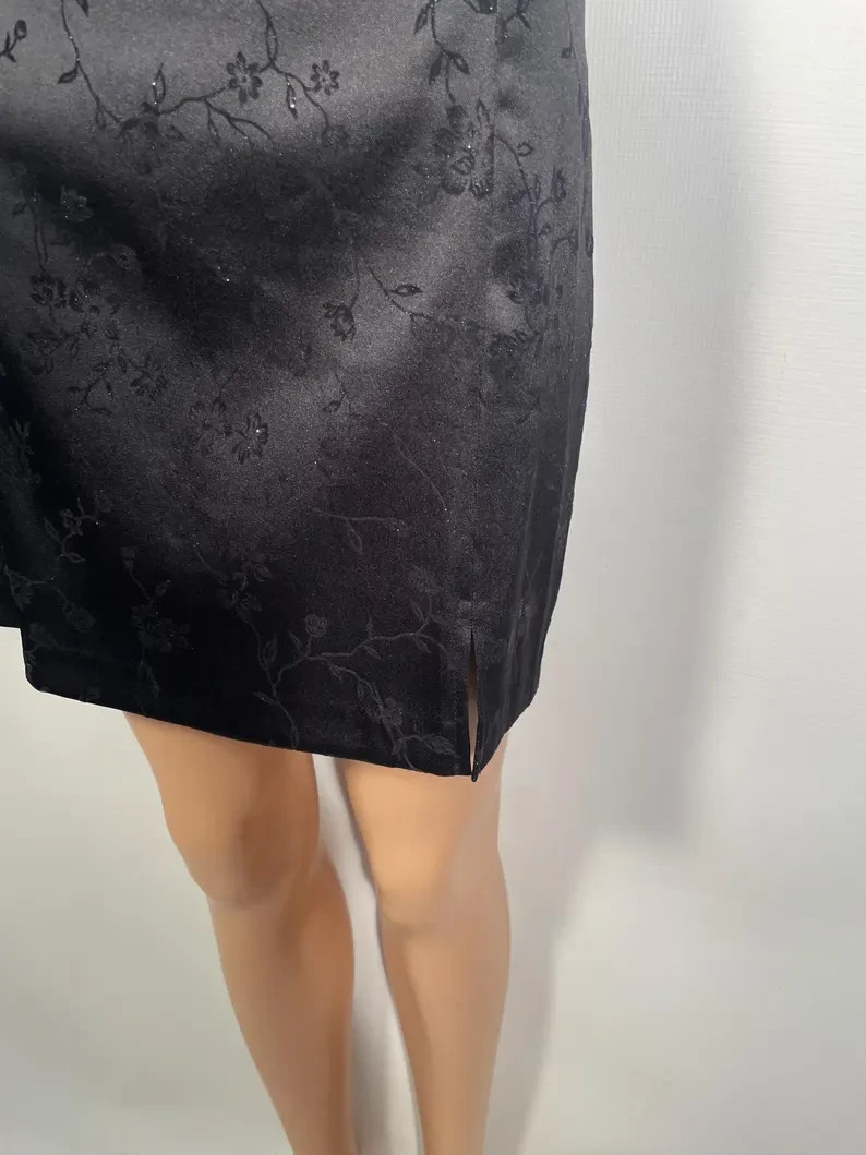 90s Black Satin 3 Piece With Flocked Velvet Glitter Floral Size 11/12 M 30/31 W