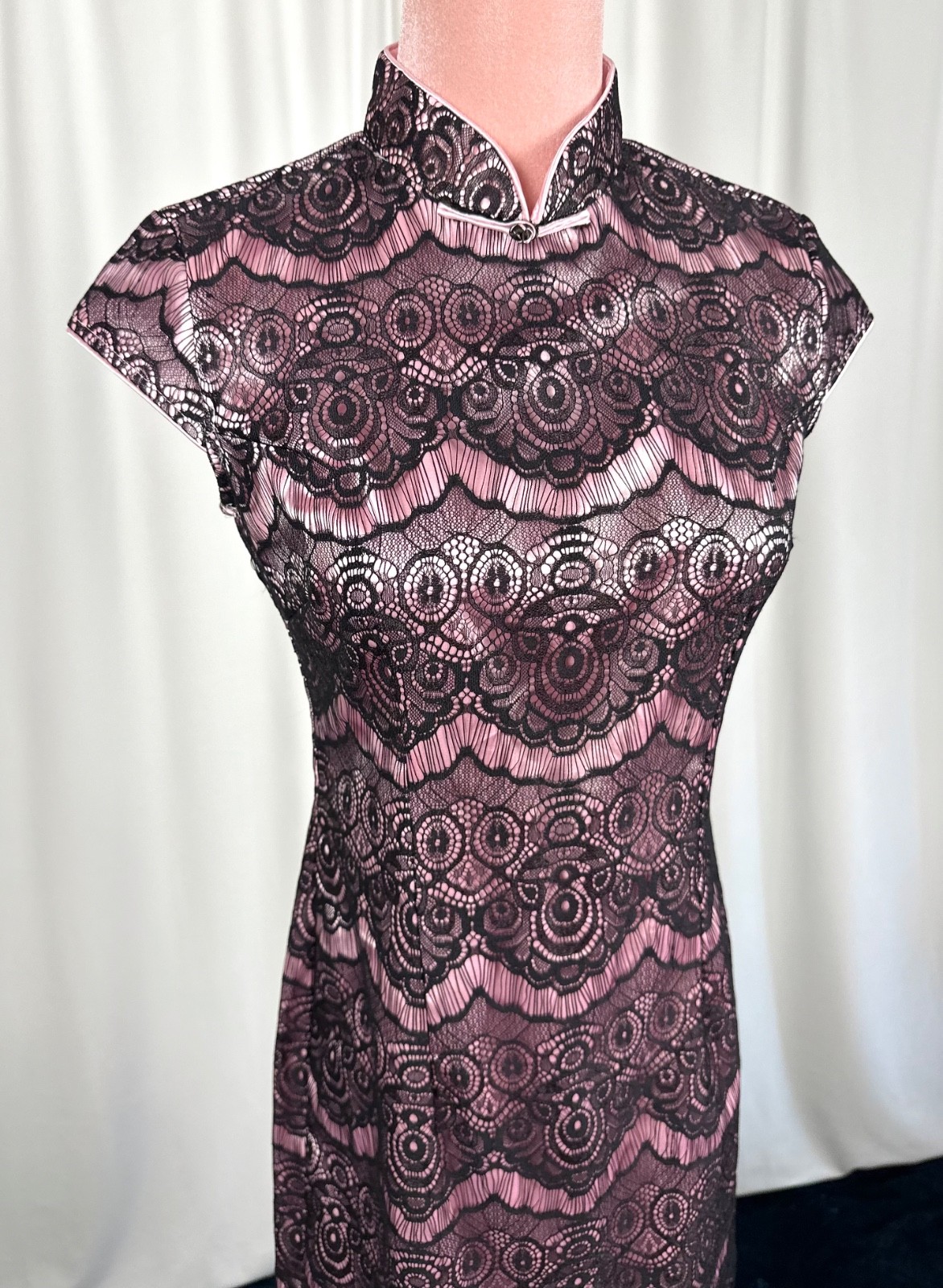 Vintage Lace Mandarin Collar Dress XS Pink Black Cocktail Party Beijing Purchase
