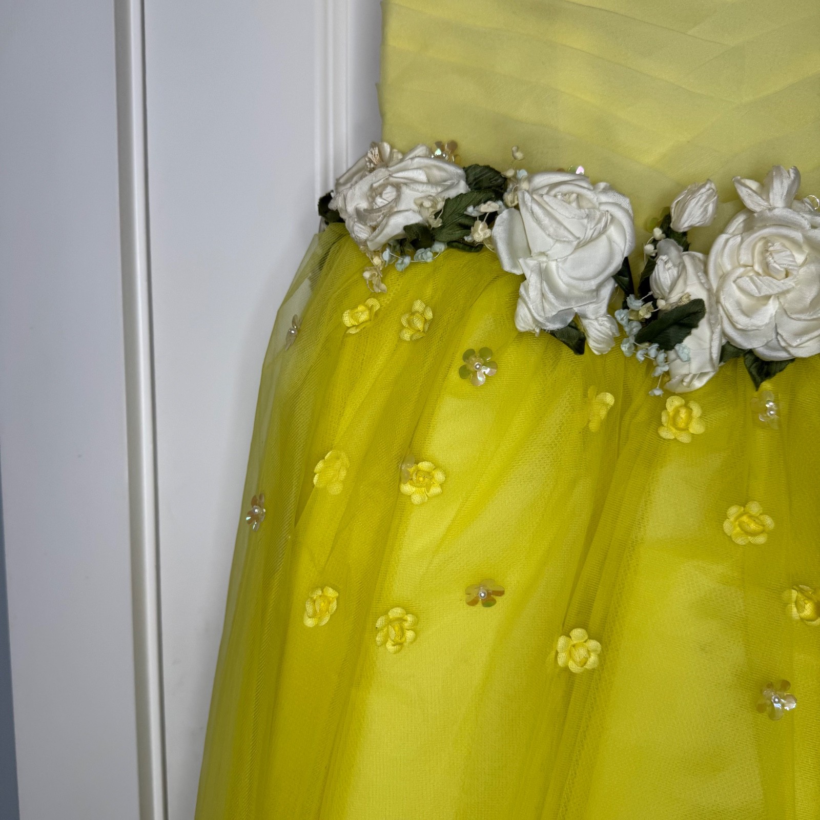 VTG 50s Tulle Gown Prom Dress Yellow Cupcake Illusion Neckline Cotillion XS