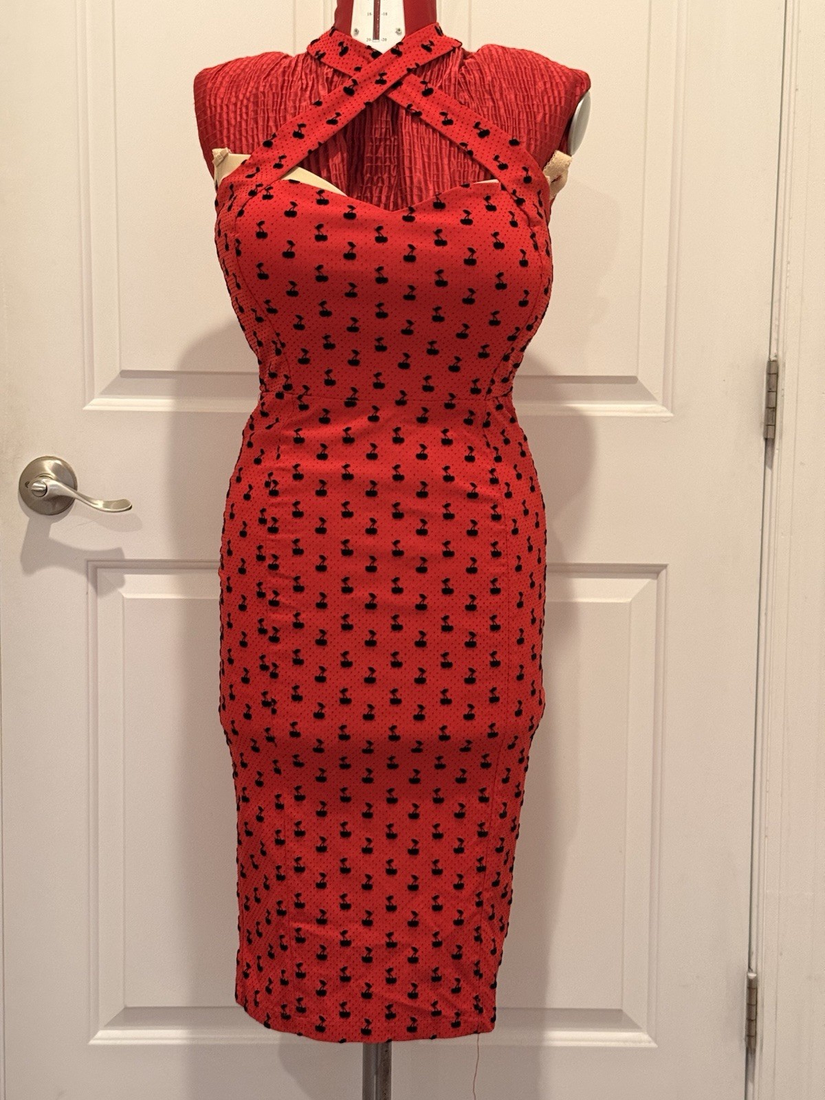 Women’s 2010’s Collectif Size XL Red Halter Wiggle Dress W/black Flocked Cherry