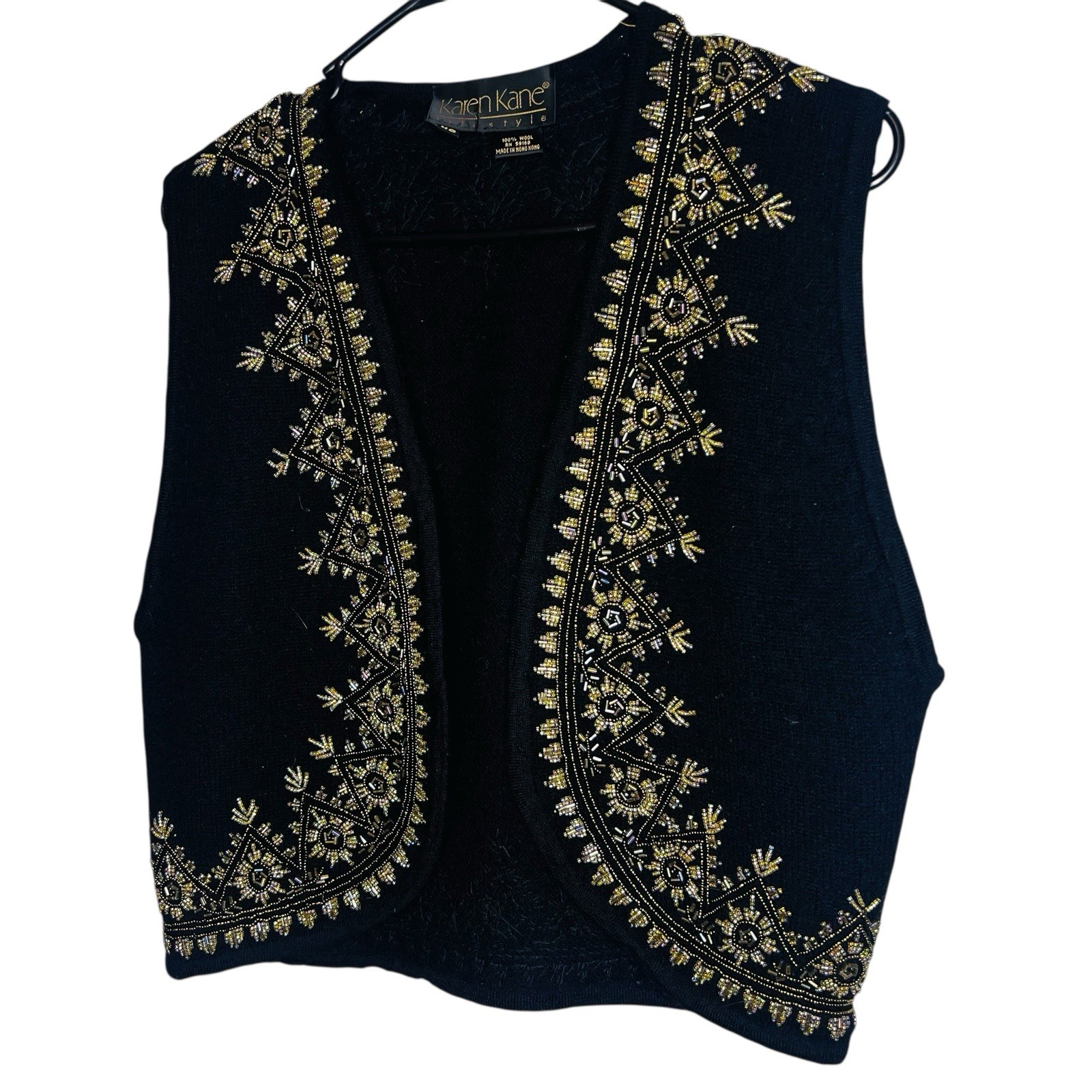 Black Wool Women Vintage Vest w/ Bronze & Silver Embroidered Beading